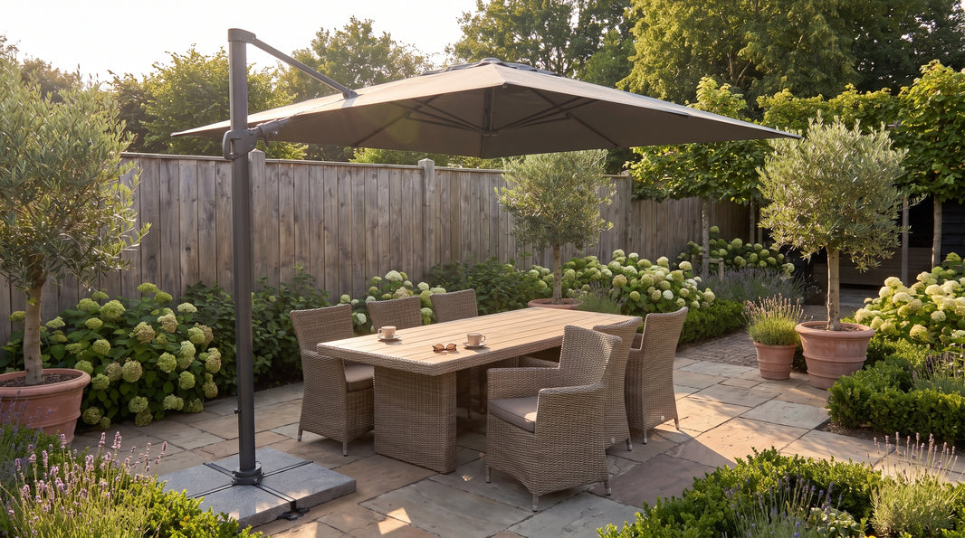 Zweefparasol boven een gedekte tuintafel tijdens golden hour