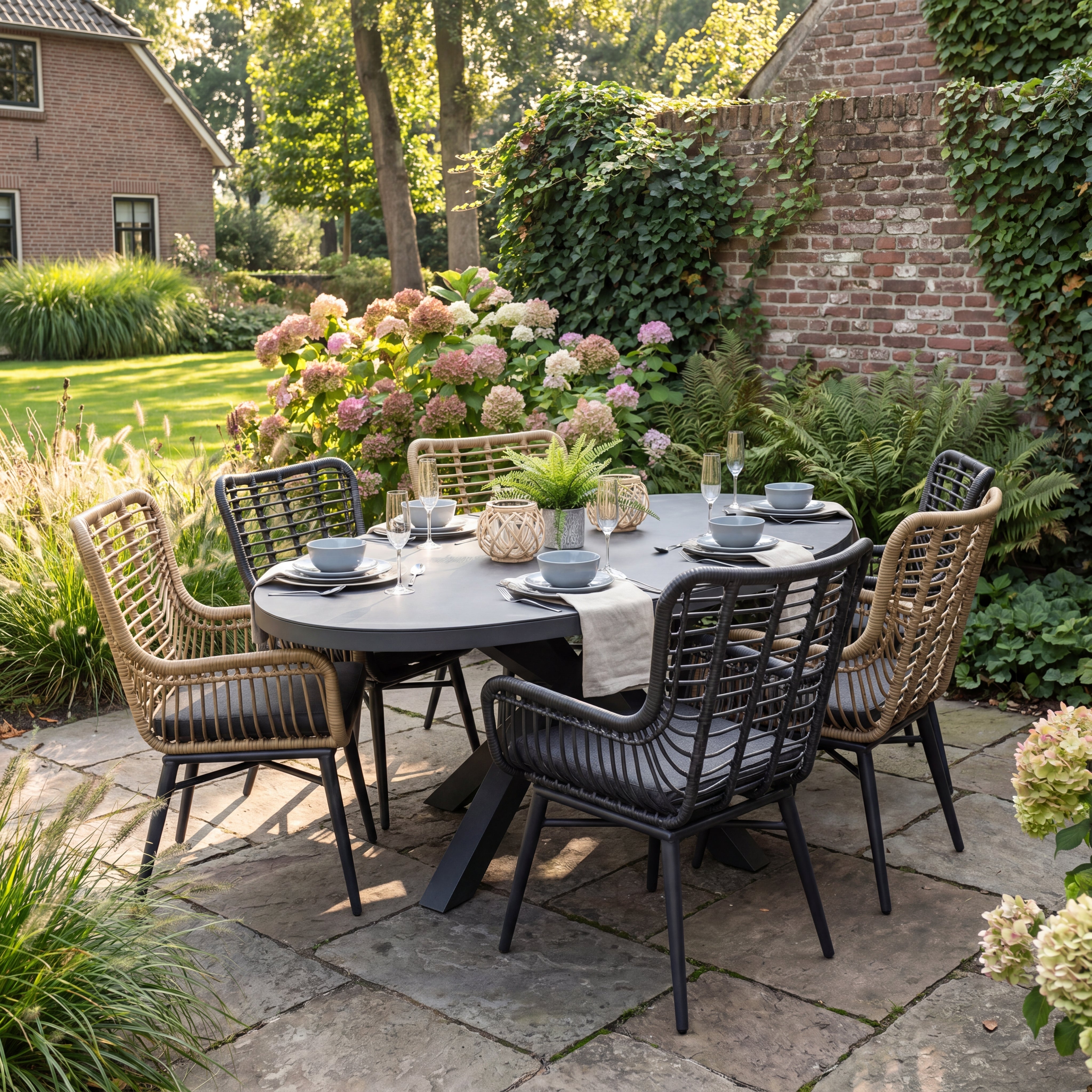 Akron-Alba Gartenset 6 Personen - Keramikplatte / Bamboo und Rock Grey