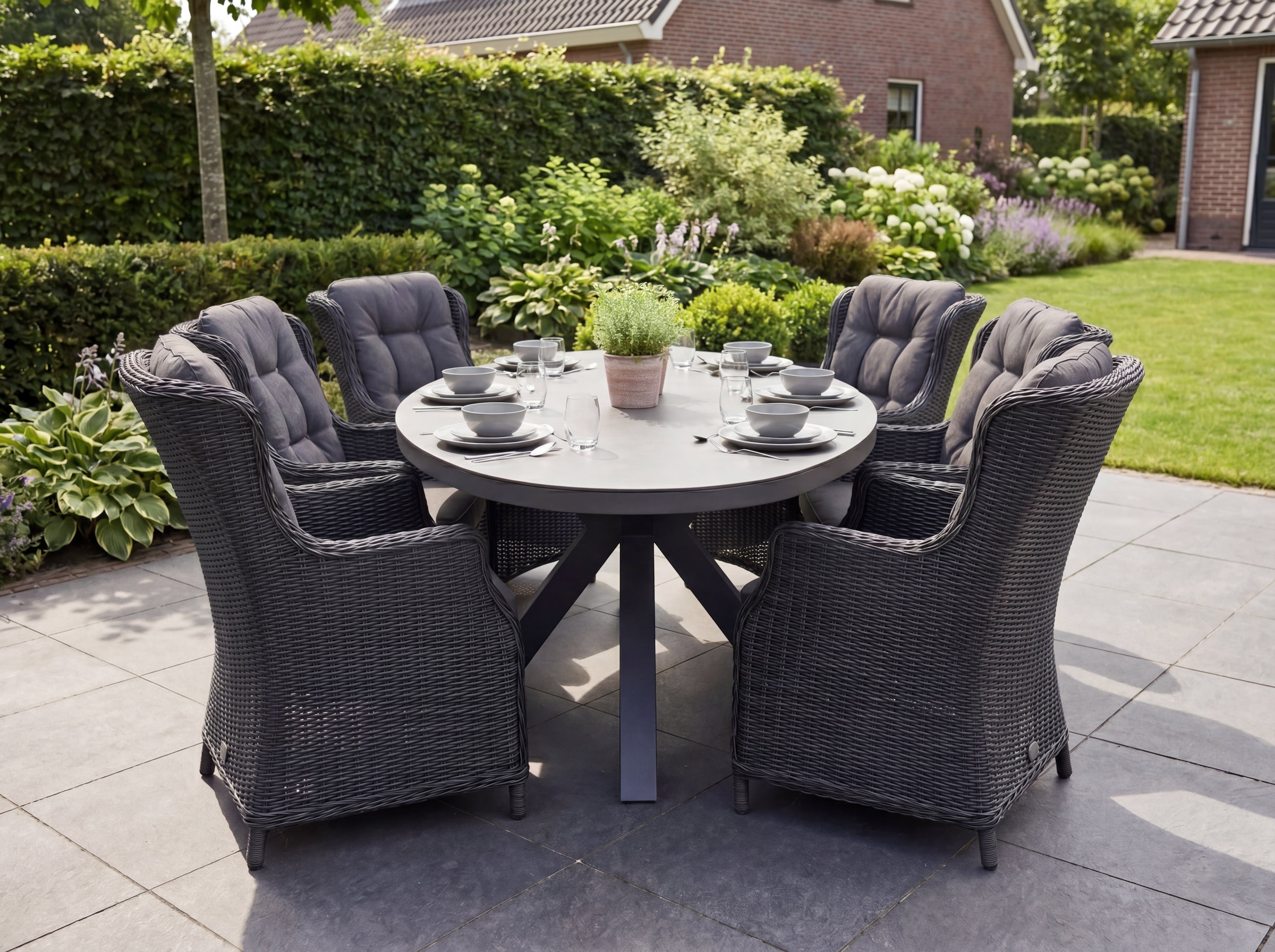 Akron-Darwin Polyrattan Gartenmöbel Set 6 Pers. - Keramikplatte / Rock Grey