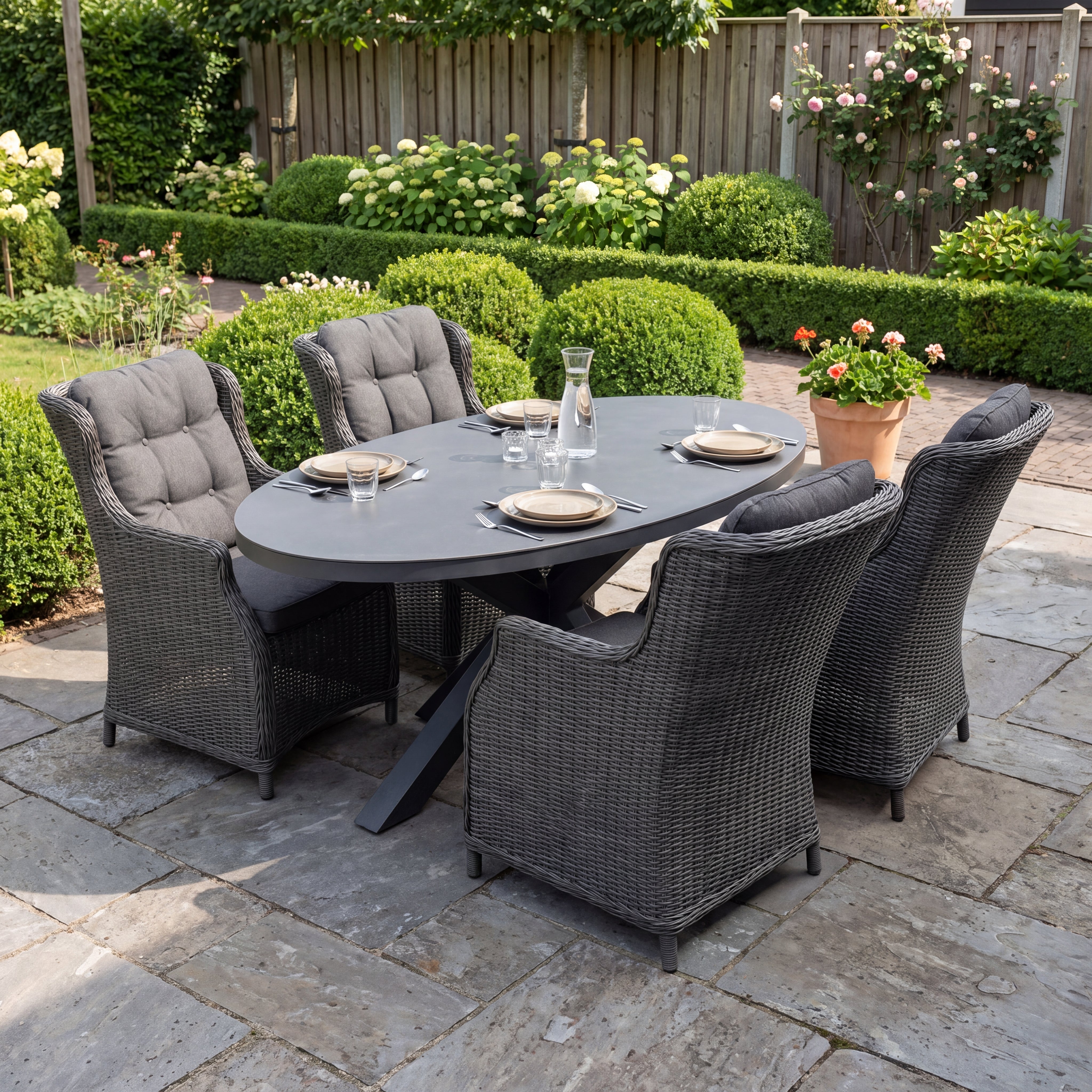 Akron-Darwin Polyrattan Gartenmöbel Set 4 Pers. - Keramikplatte / Rock Grey