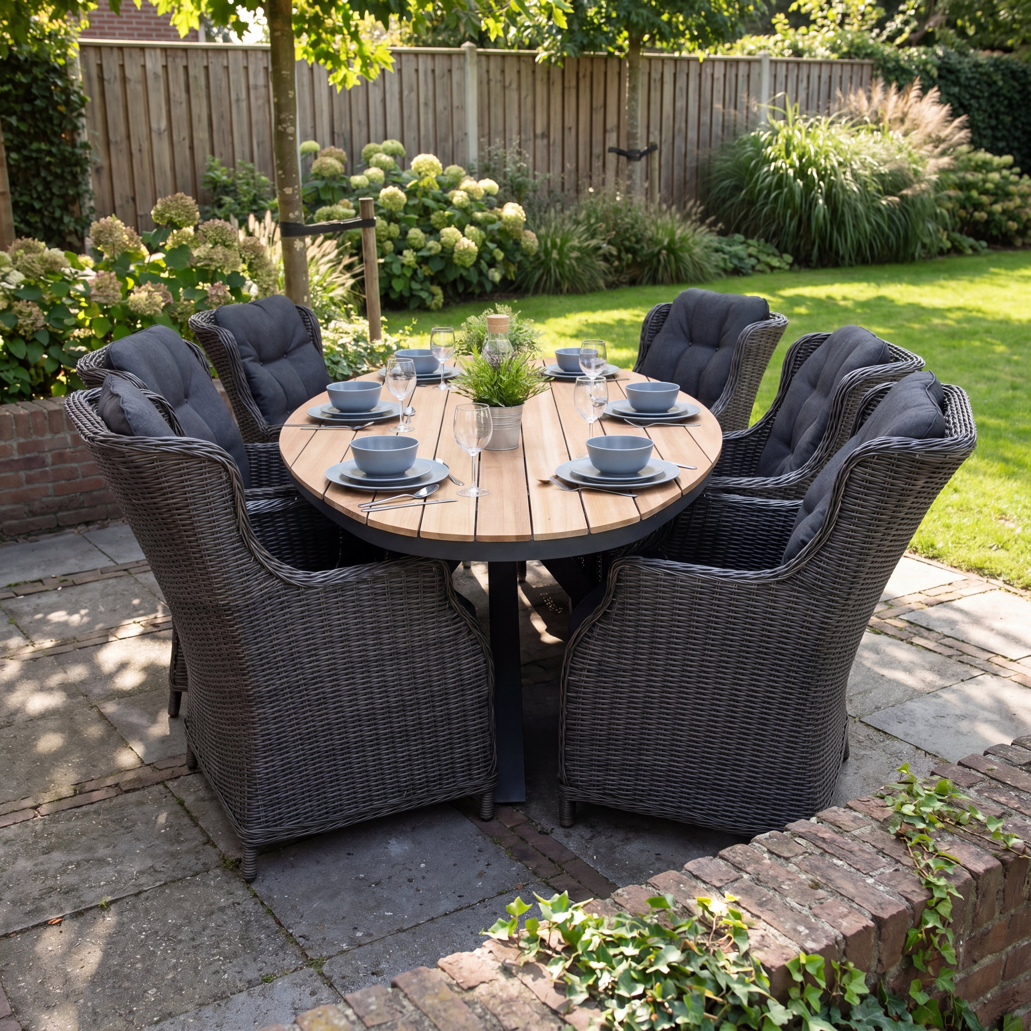 Akron-Darwin Polyrattan Gartenmöbel Set 6 Pers. - Teak / Rock Grey