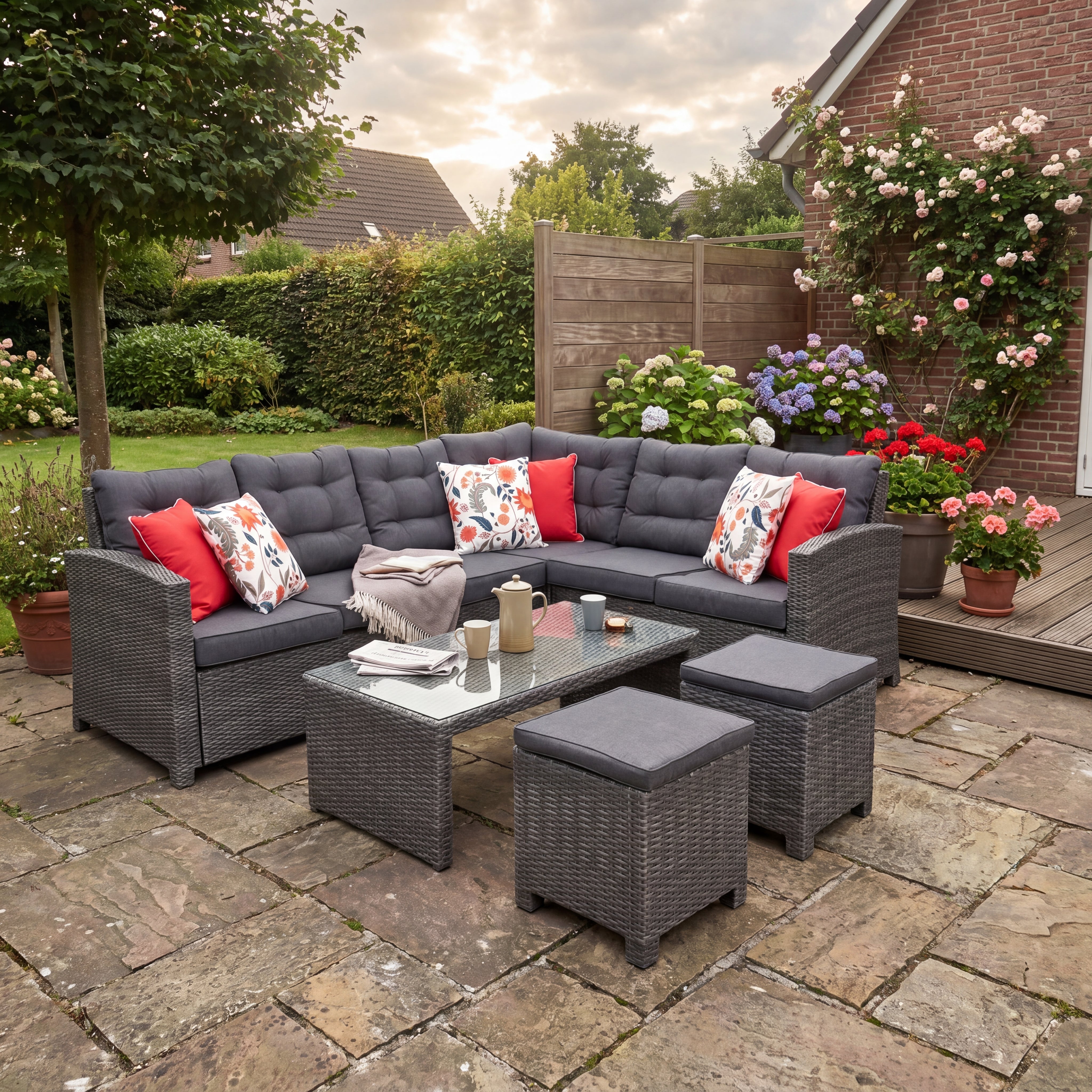 Las Palmas Eckloungeset - Dark Grey / Niedriger Tisch, Glas / Links