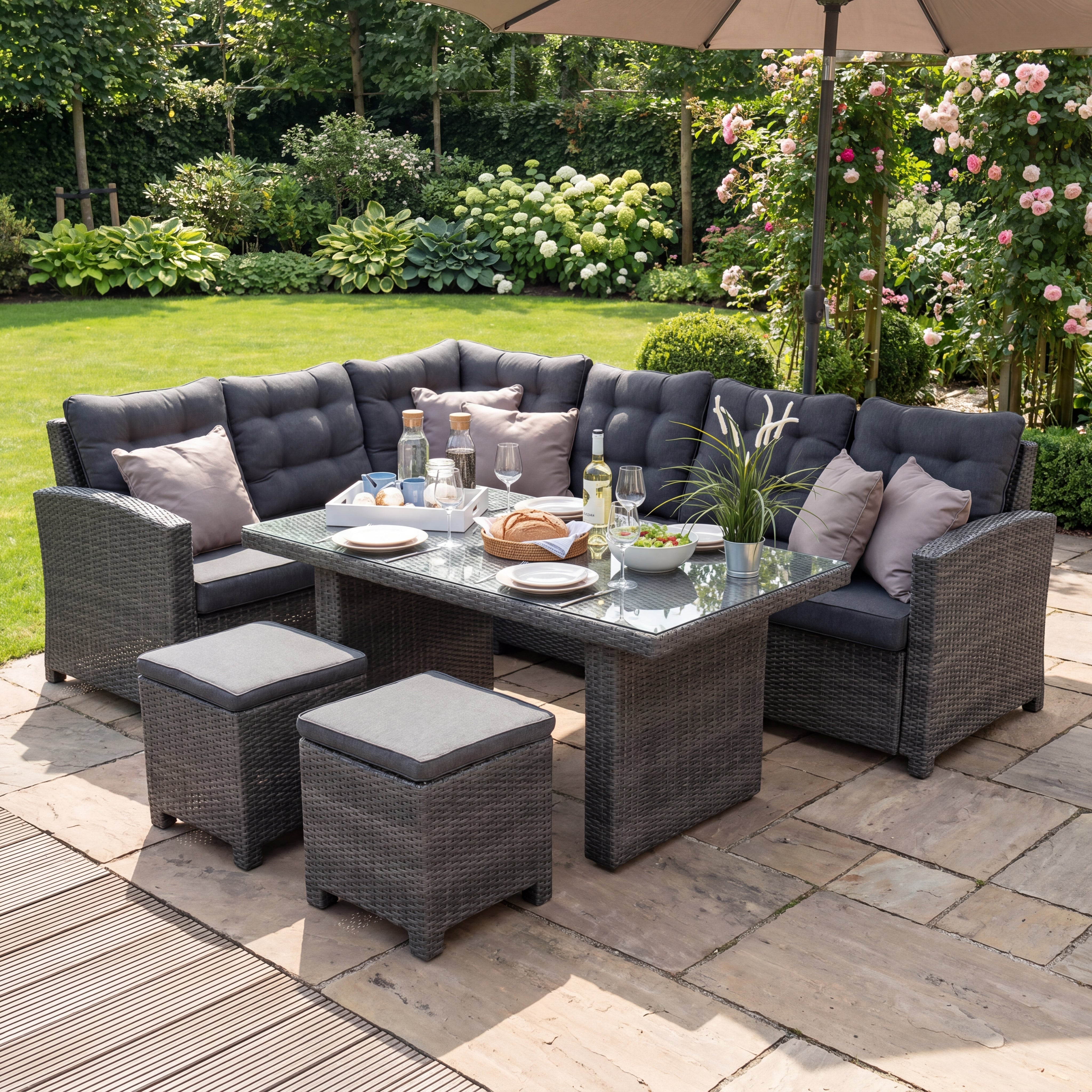 Las Palmas Dining Loungeset - Dark Grey / Hoher Tisch, Glas / Rechts