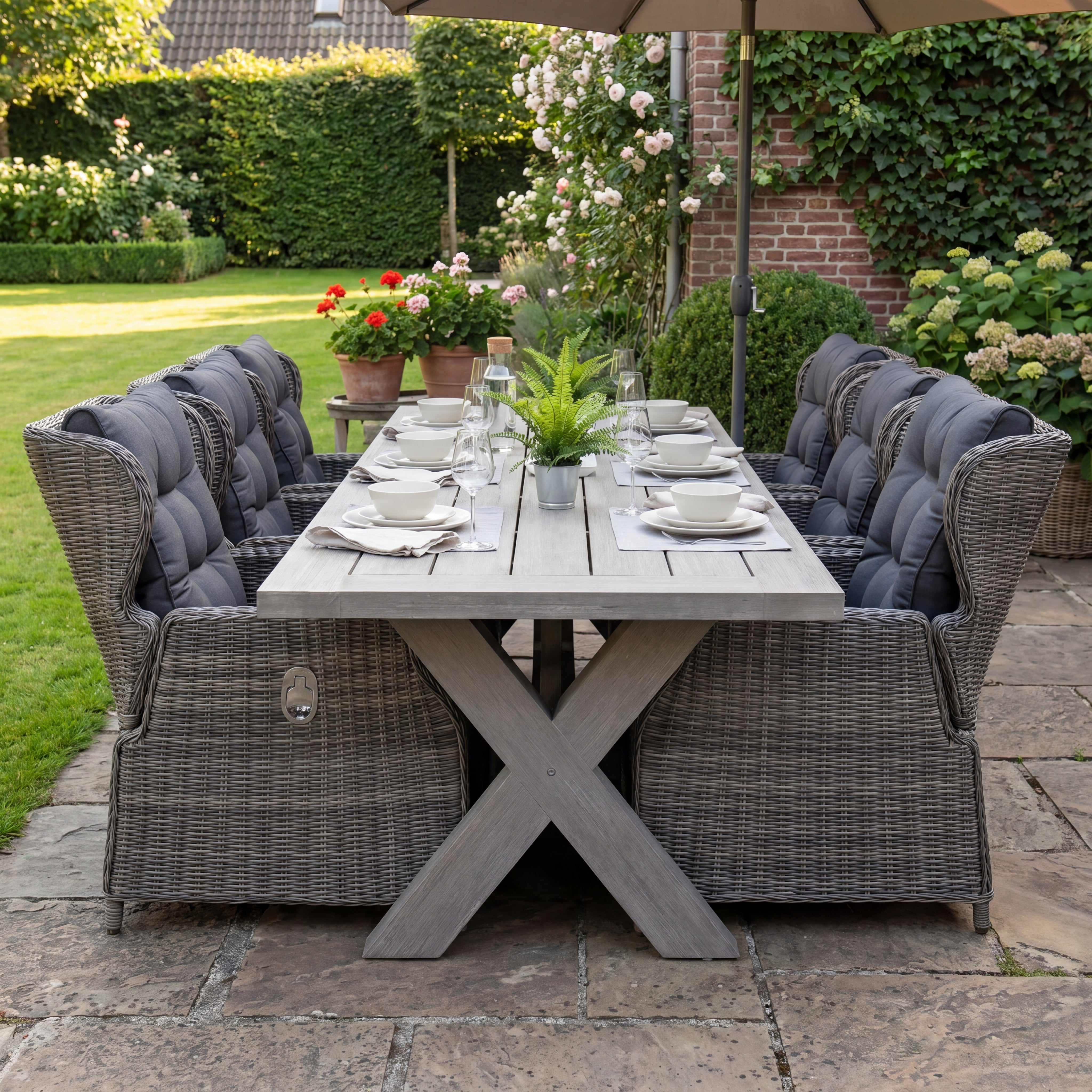 Norwich-Barcelona Polyrattan Verstellbares Gartenmöbel Set 6 Pers. - Acacia / Kobo Grey