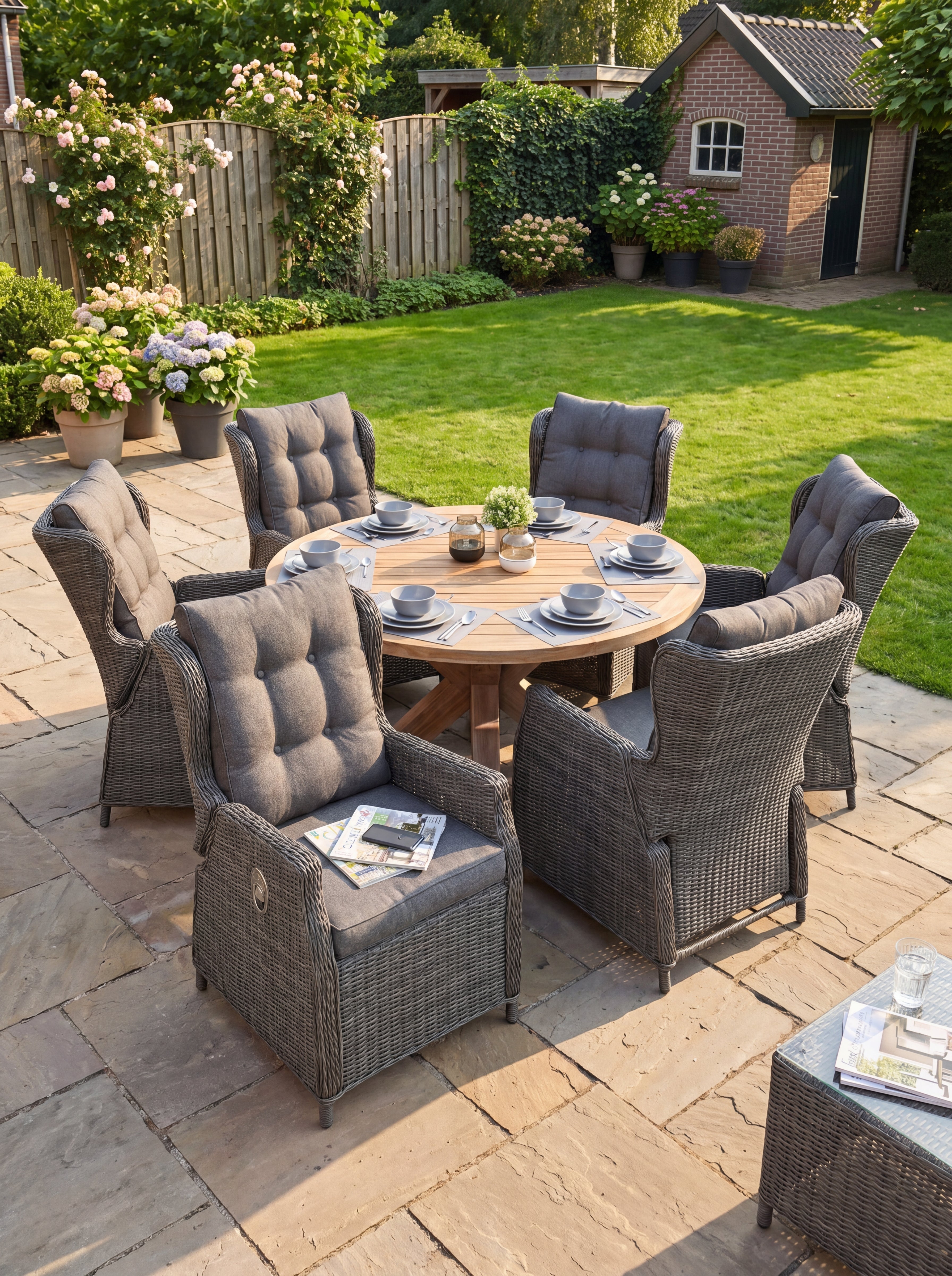 Surakarta-Barcelona Polyrattan Verstellbares Gartenmöbel Set 6 Pers. - Teak / Rock Grey