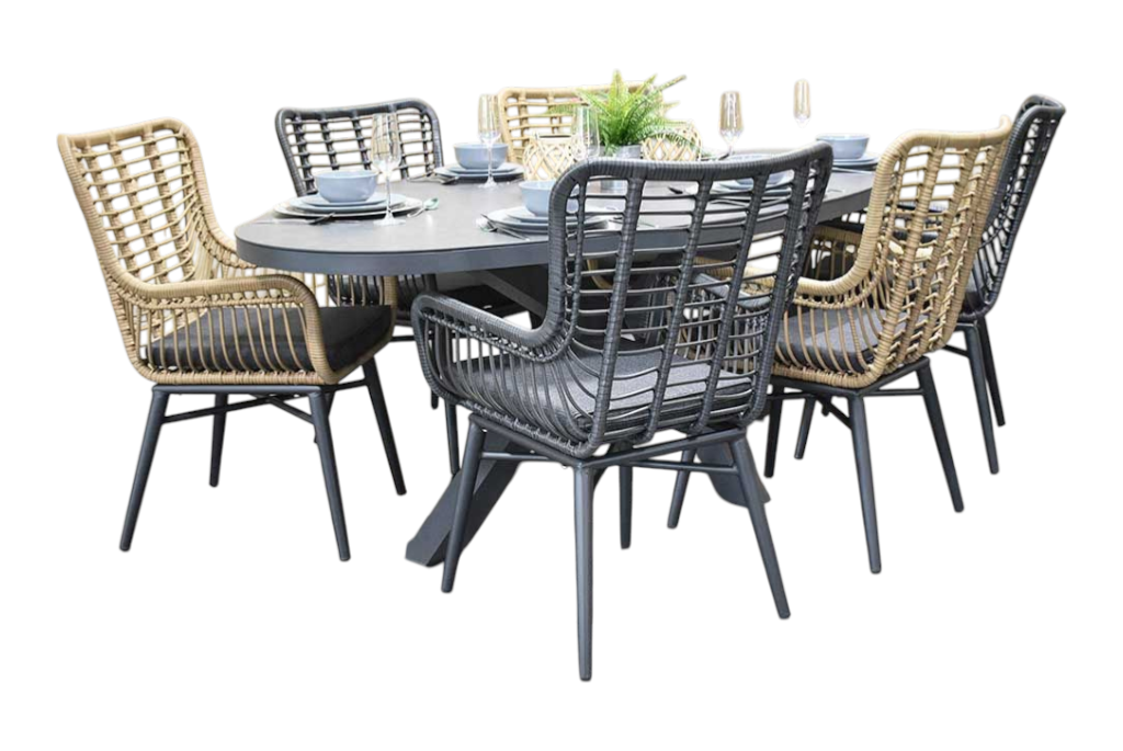 Akron-Alba Tuinset 6 Personen - Keramisch blad / Bamboo en Rock Grey