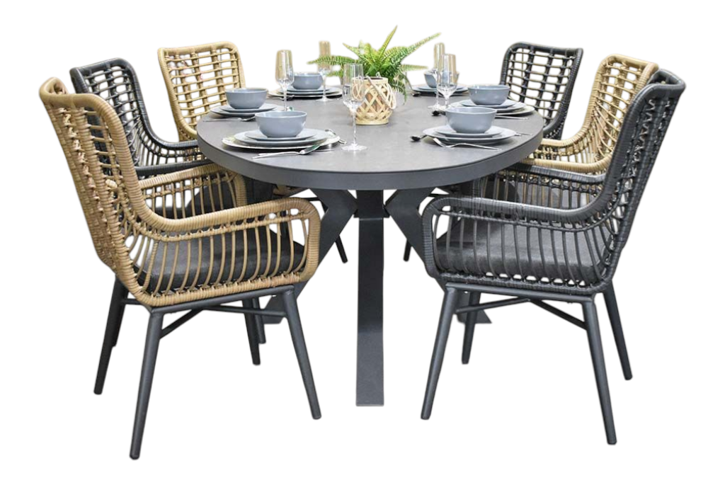 Akron-Alba Tuinset 6 Personen - Keramisch blad / Bamboo en Rock Grey