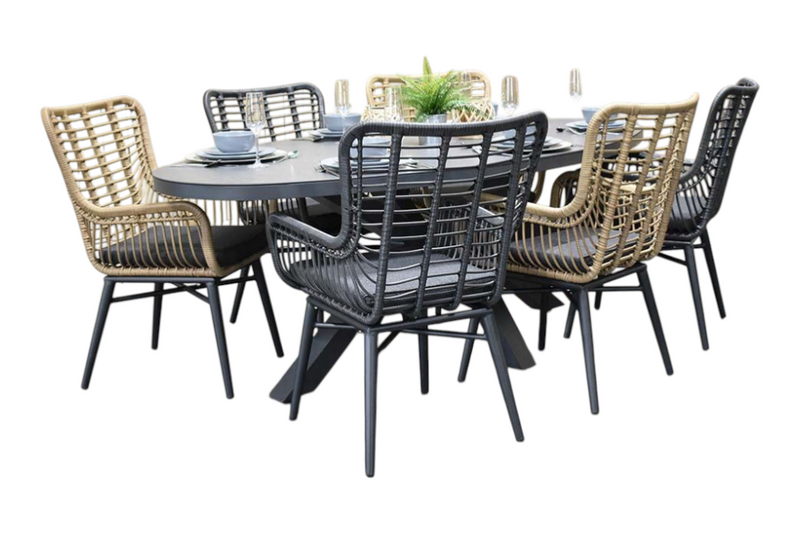 Akron-Alba Tuinset 6 Personen - Keramisch blad / Bamboo en Rock Grey