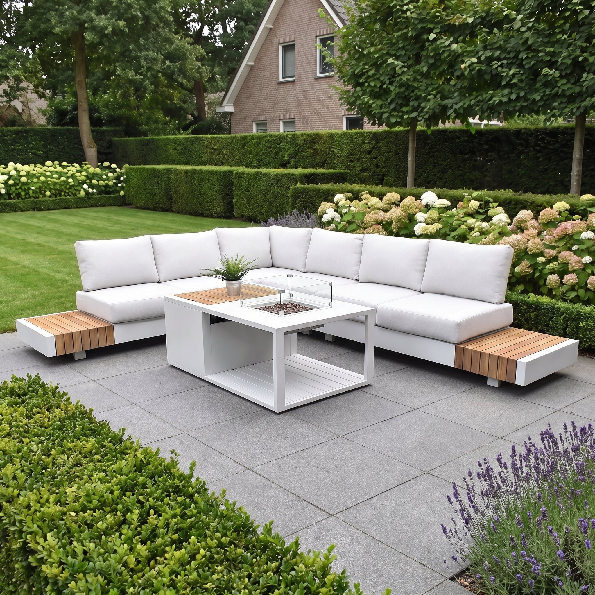 Athene Hoek Loungeset - White / Ja / Links in einem stimmungsvollen Garten - Outnest Gartenmöbel