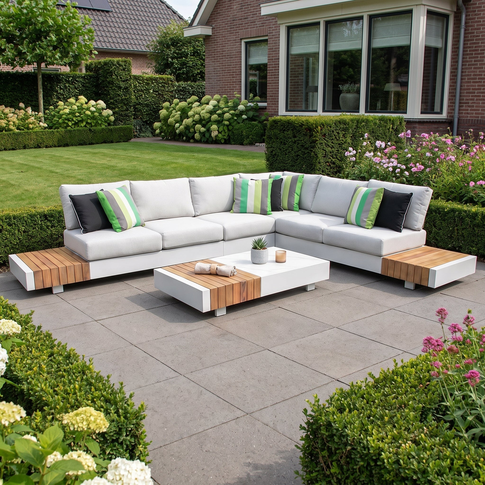 Athene Hoek Loungeset - White / Rechts in einem stimmungsvollen Garten - Outnest Gartenmöbel