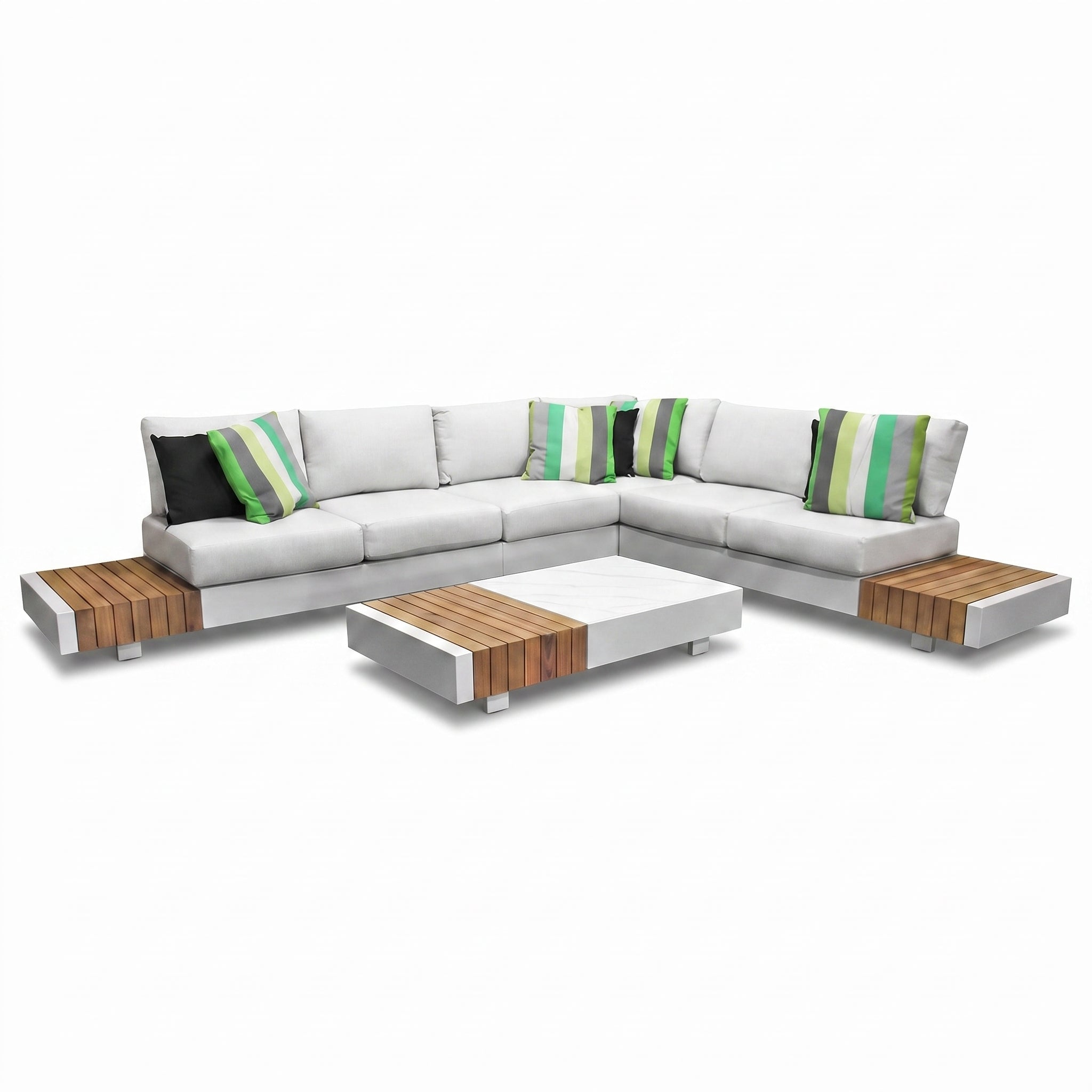 Athene Hoek Loungeset - White / Rechts in einem stimmungsvollen Garten - Outnest Gartenmöbel