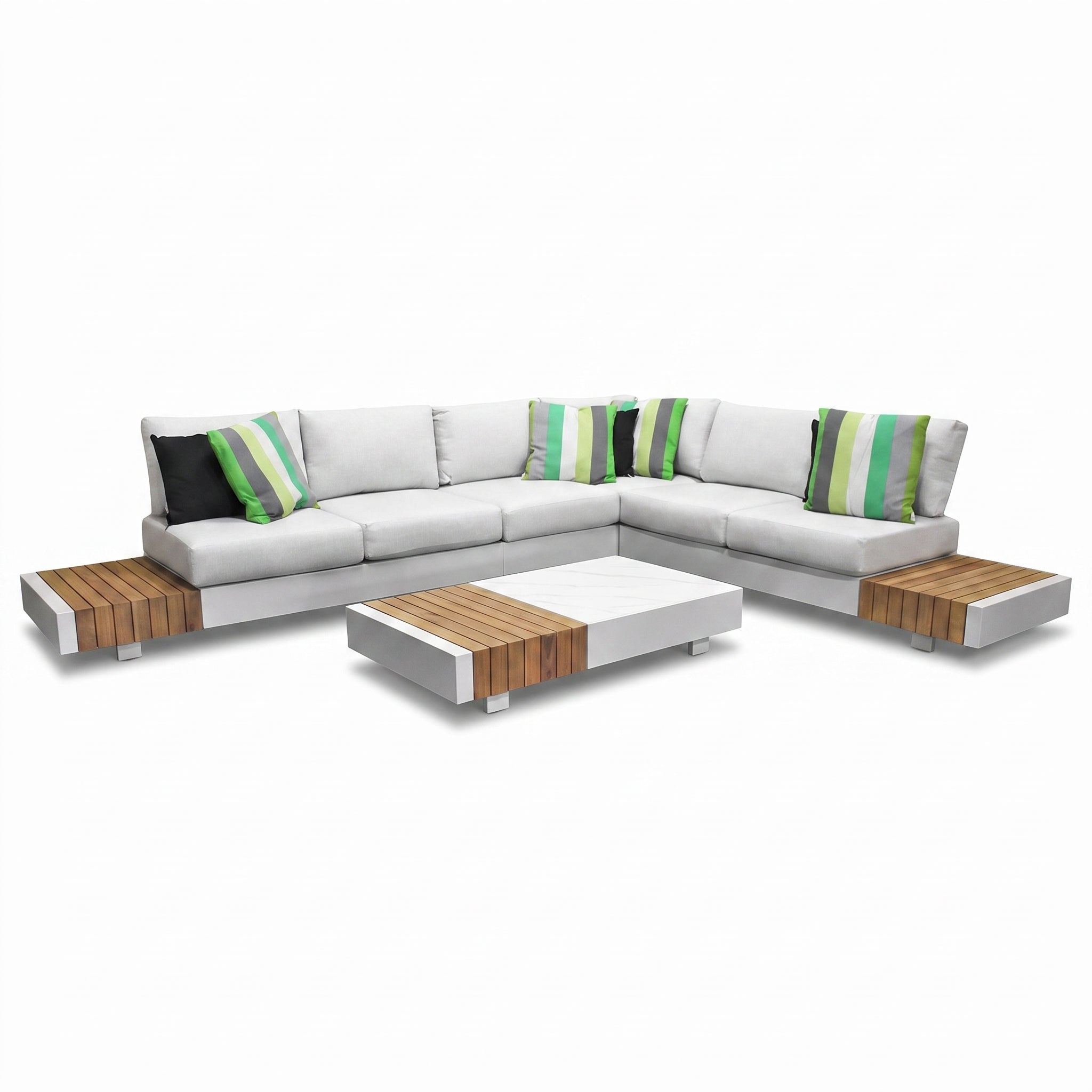 Athene Hoek Loungeset - White / Rechts in einem stimmungsvollen Garten - Outnest Gartenmöbel