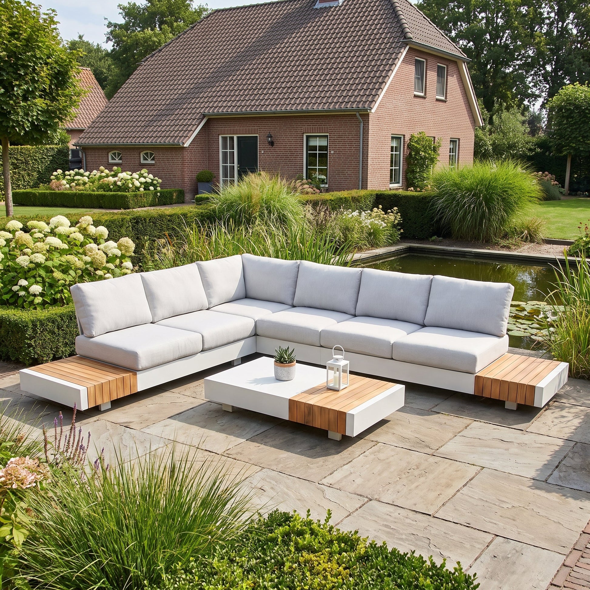 Athene Hoek Loungeset - White / Links in einem stimmungsvollen Garten - Outnest Gartenmöbel