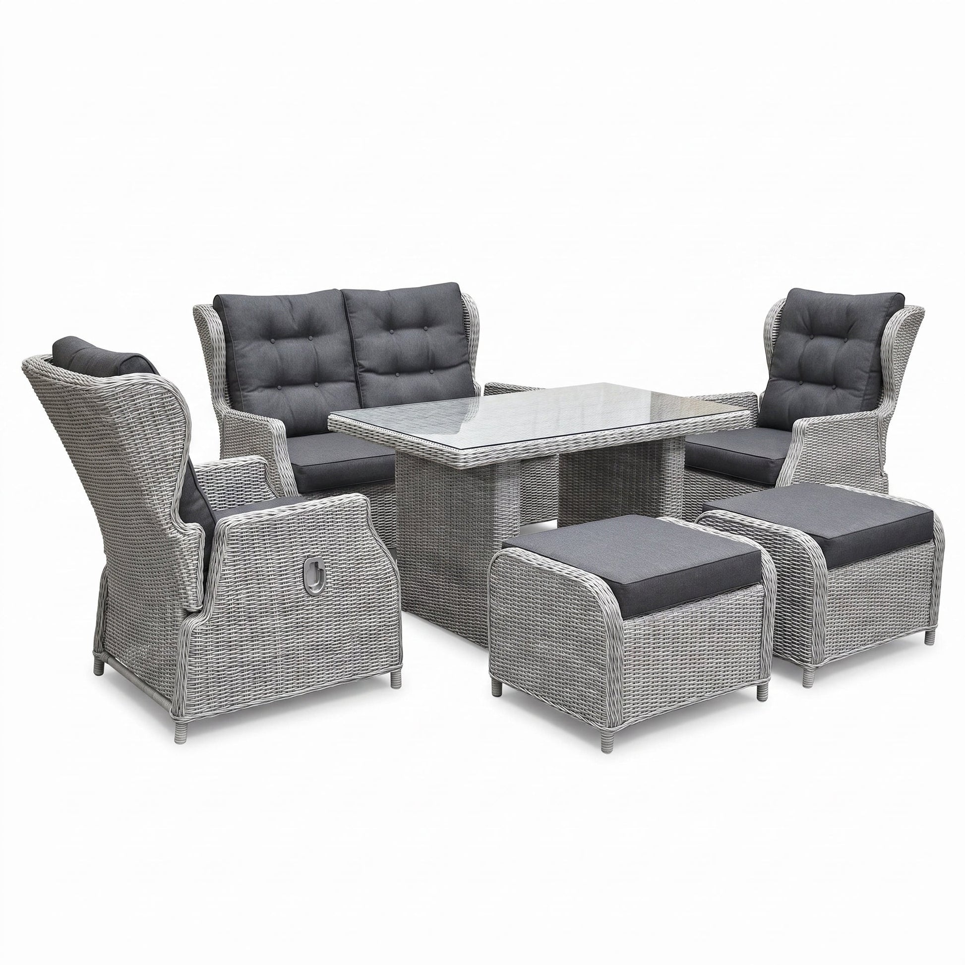 Barcelona Verstelbare Dining Loungeset 2-zits + 2 stoelen - Glas / Light Kobo Grey in einem stimmungsvollen Garten -