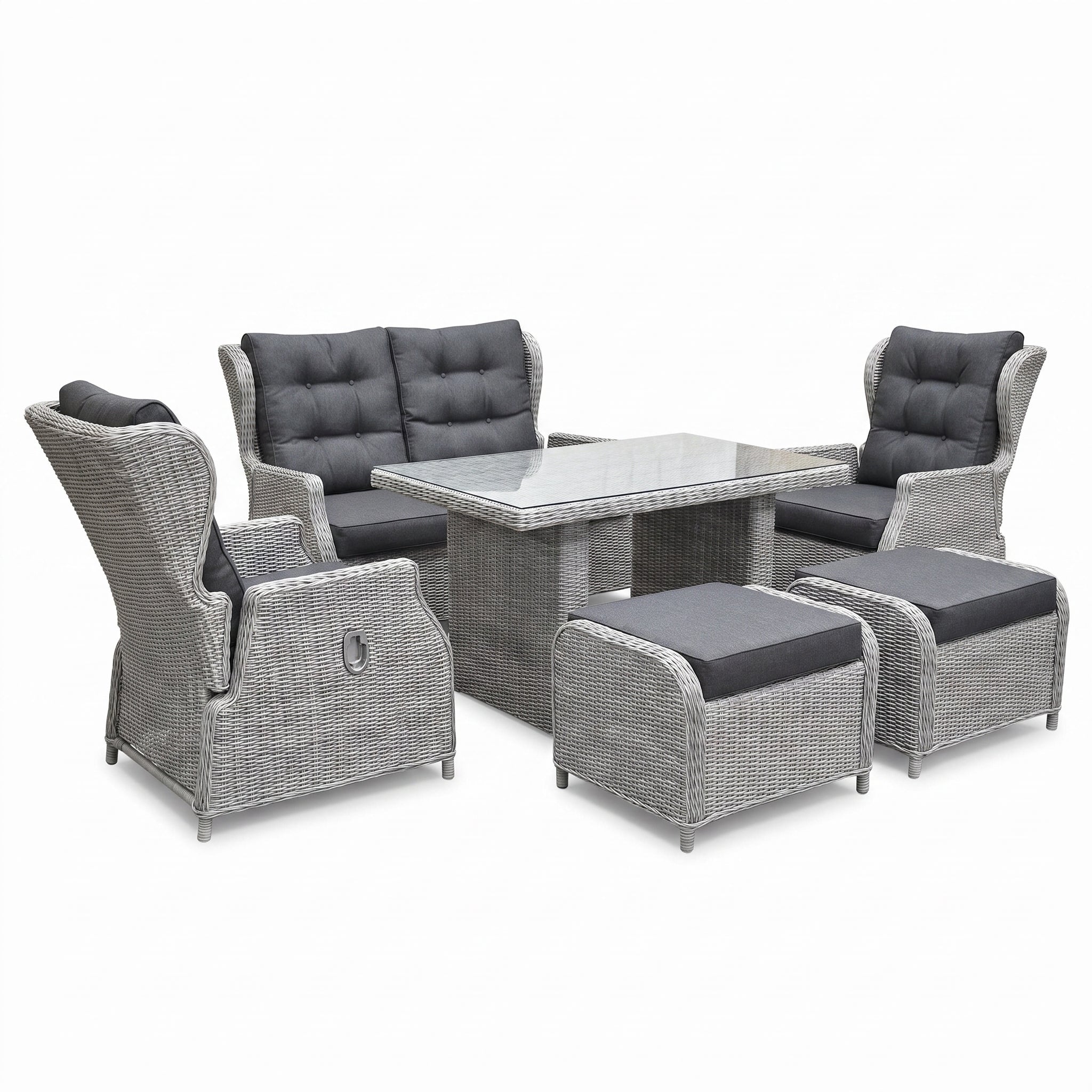 Barcelona Verstelbare Dining Loungeset 2-zits + 2 stoelen - Glas / Light Kobo Grey in einem stimmungsvollen Garten -
