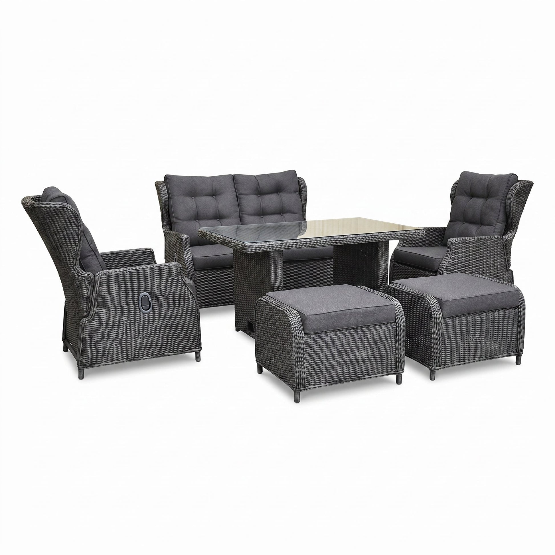 Barcelona Verstelbare Dining Loungeset 2-zits + 2 stoelen - Glas / Rock Grey in einem stimmungsvollen Garten - Outnest