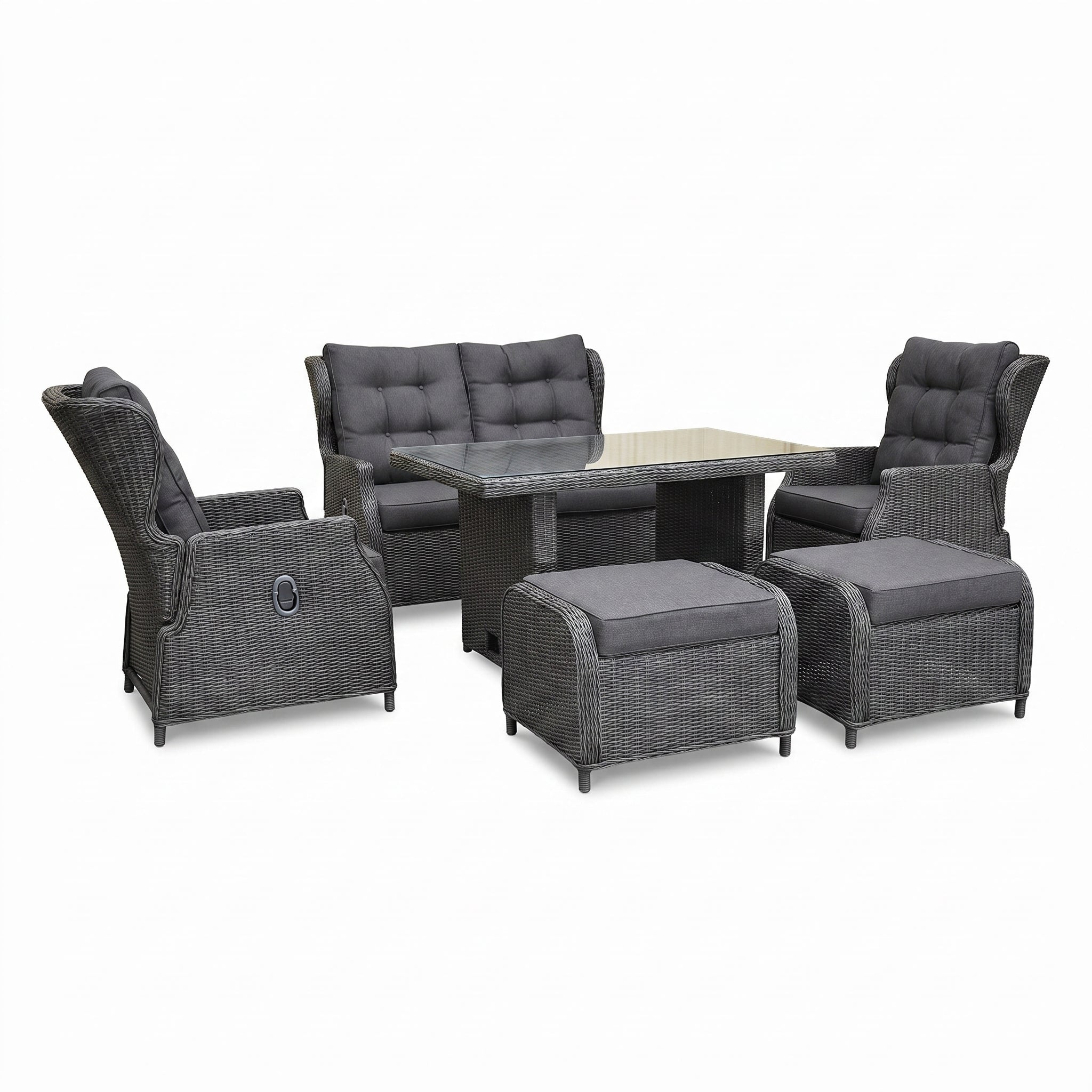 Barcelona Verstelbare Dining Loungeset 2-zits + 2 stoelen - Glas / Rock Grey in einem stimmungsvollen Garten - Outnest