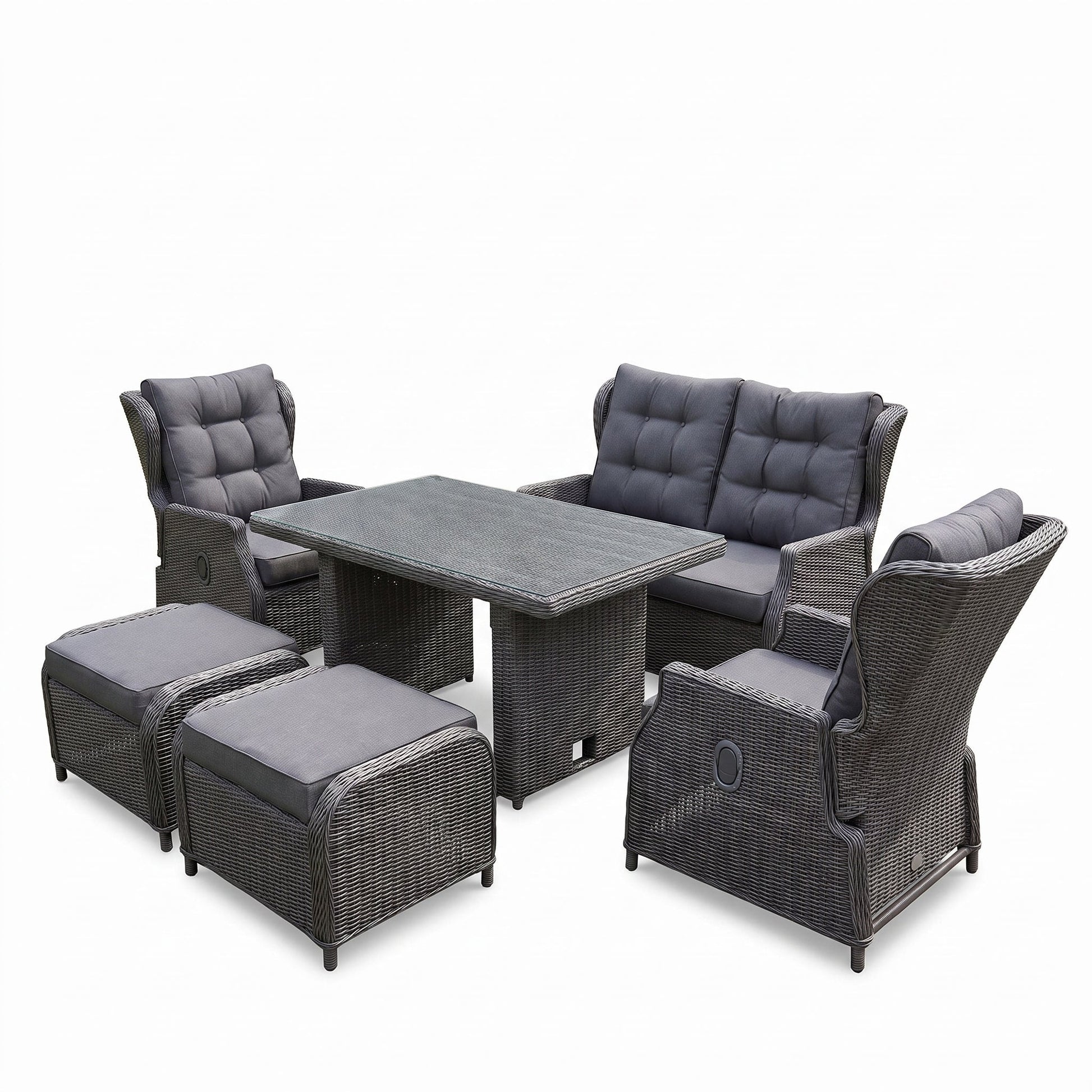 Barcelona Verstelbare Dining Loungeset 2-zits + 2 stoelen - Glas / Rock Grey in einem stimmungsvollen Garten - Outnest
