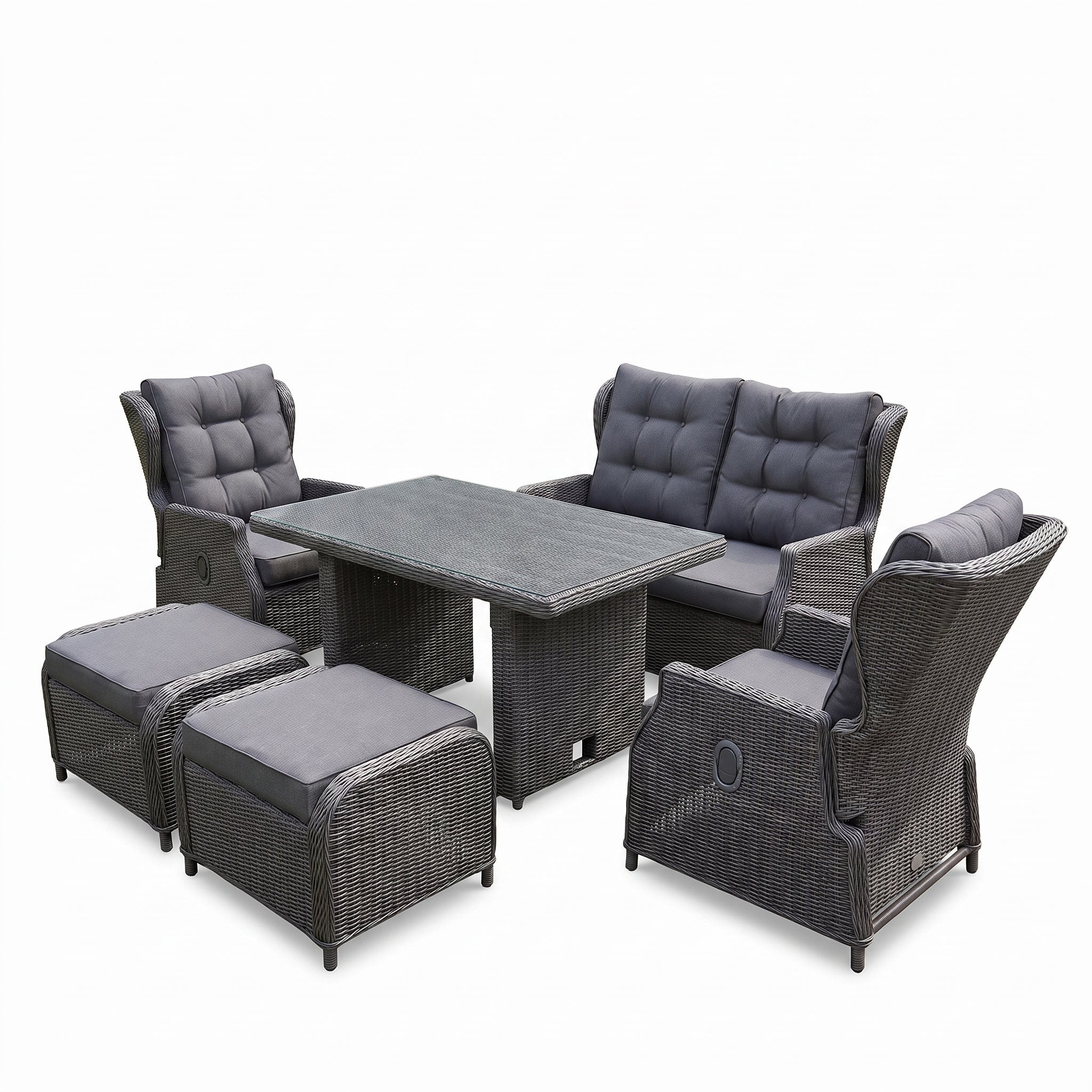 Barcelona Verstelbare Dining Loungeset 2-zits + 2 stoelen - Glas / Rock Grey in einem stimmungsvollen Garten - Outnest