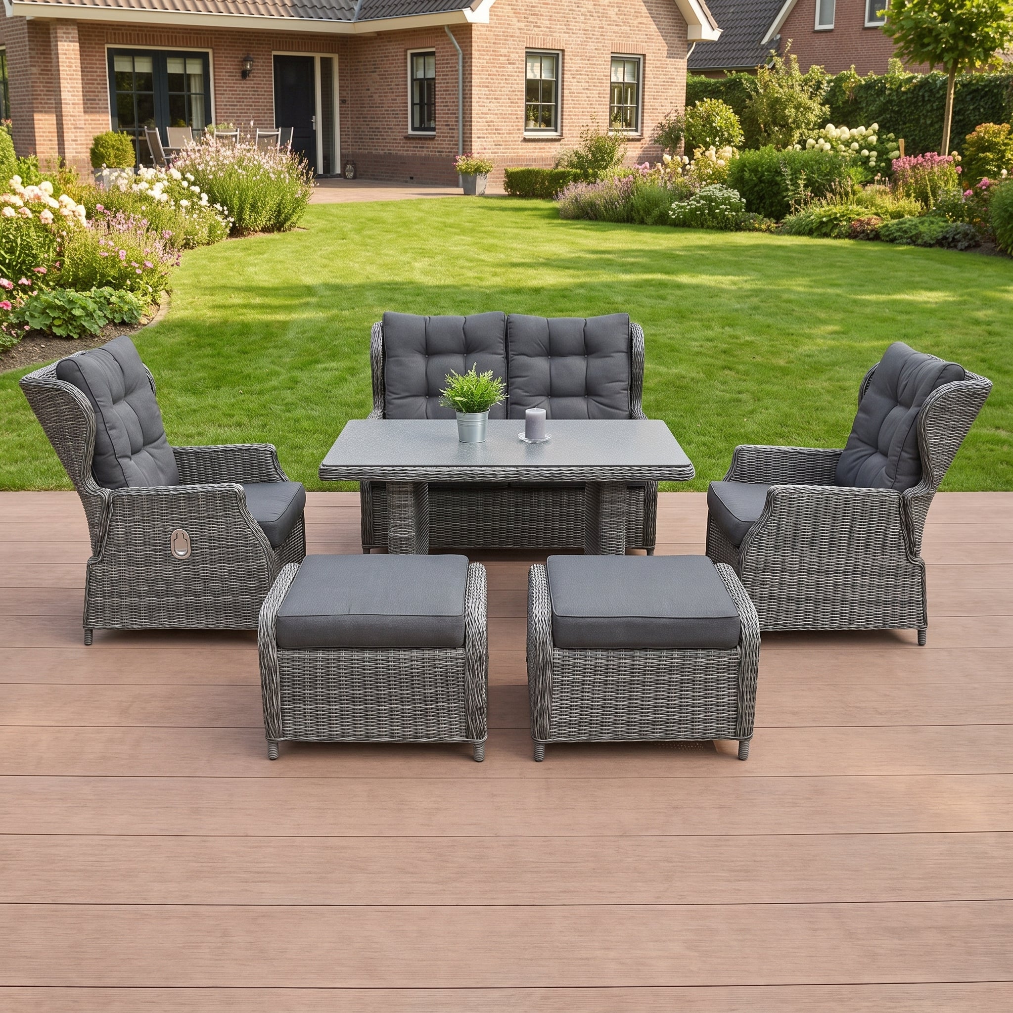 Barcelona Verstelbare Dining Loungeset 2-zits + 2 stoelen - Spraystone / Kobo Grey in einem stimmungsvollen Garten -