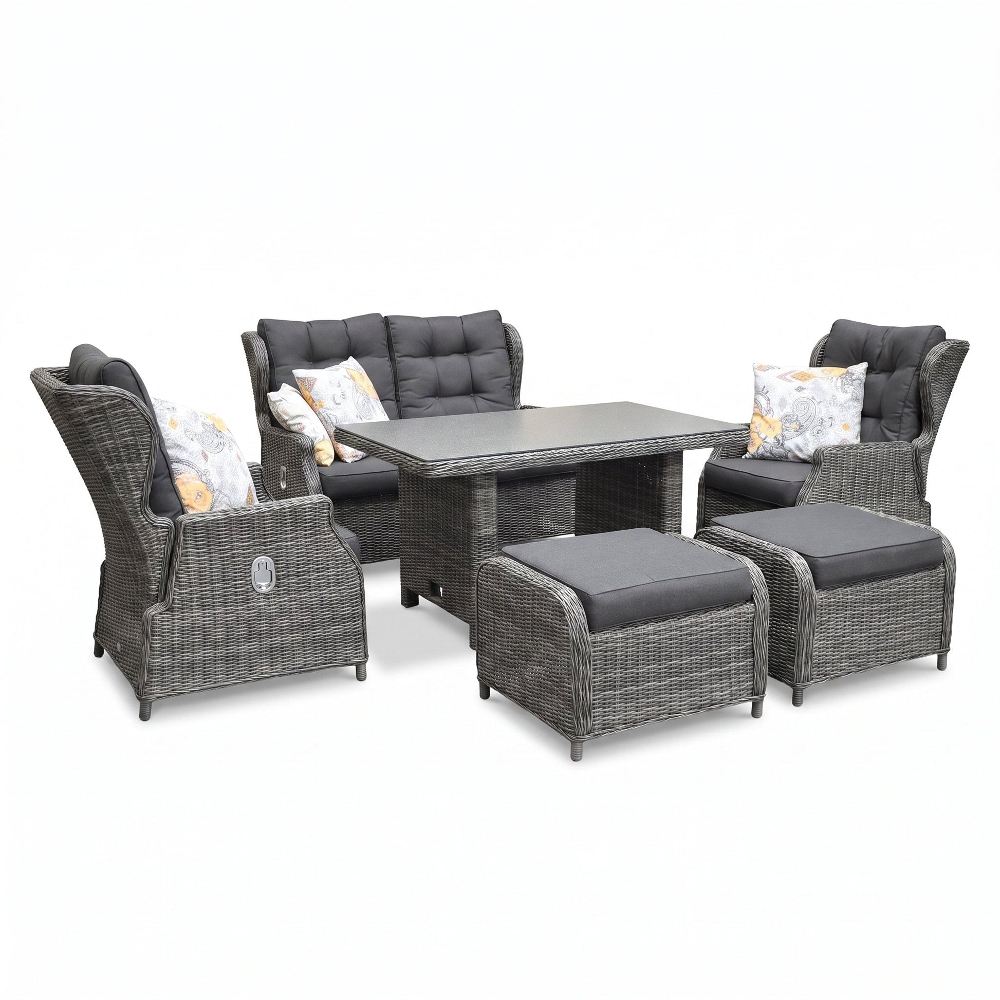Barcelona Verstelbare Dining Loungeset 2-zits + 2 stoelen - Spraystone / Kobo Grey in einem stimmungsvollen Garten -