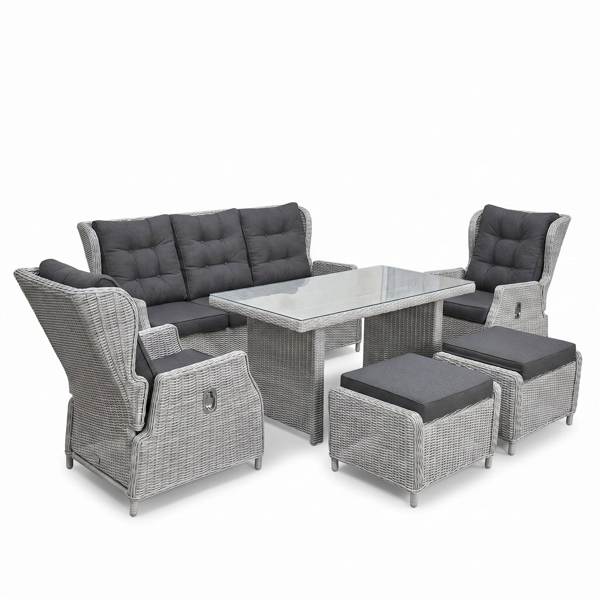 Barcelona Verstelbare Dining Loungeset 3-zits + 2 stoelen - Light Kobo Grey in einem stimmungsvollen Garten - Outnest