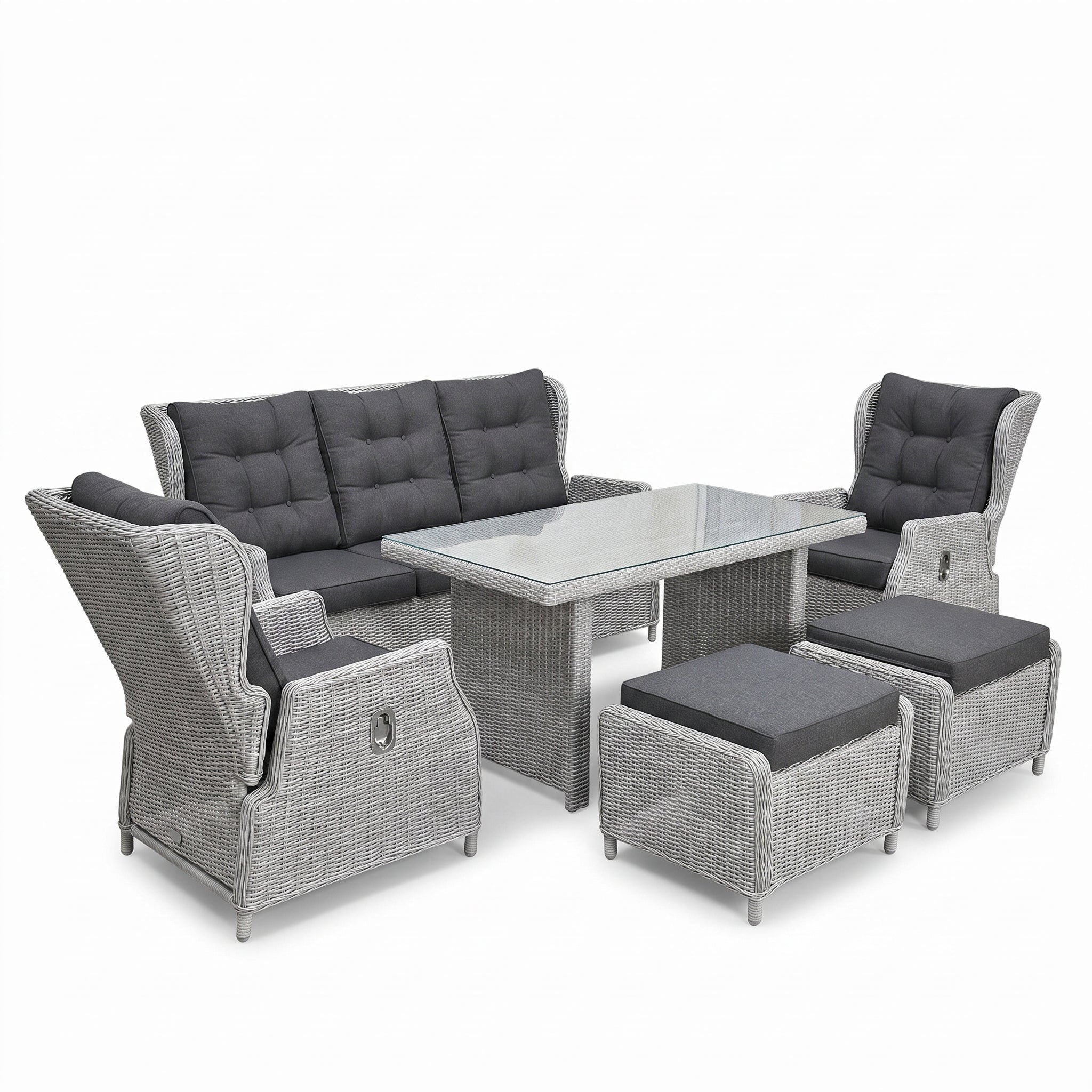 Barcelona Verstelbare Dining Loungeset 3-zits + 2 stoelen - Light Kobo Grey in einem stimmungsvollen Garten - Outnest