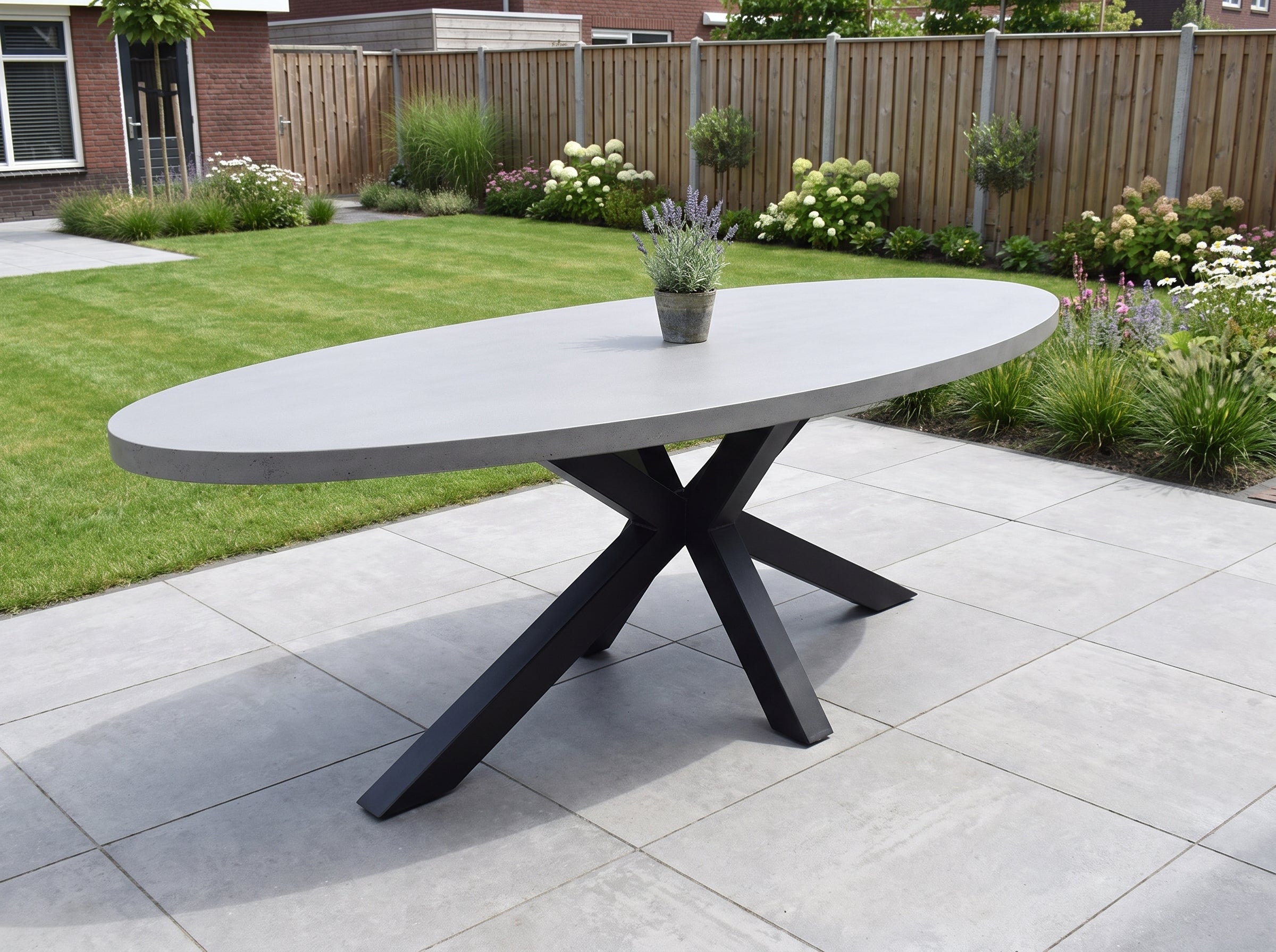 Bixley Ovale Tuintafel 280 cm - Polystone in einem stimmungsvollen Garten - Outnest Gartenmöbel