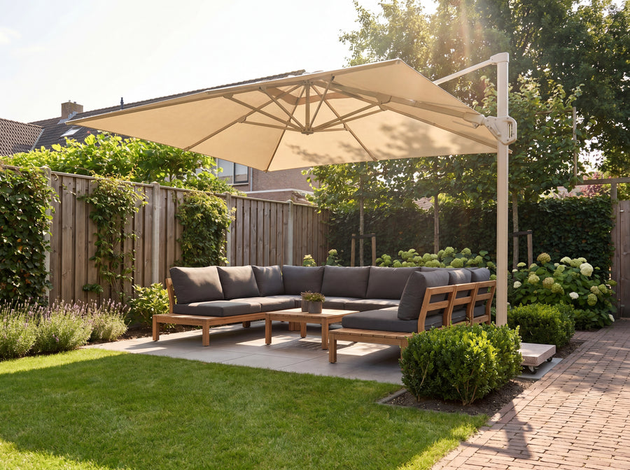 Tuinparasol boven eettafel