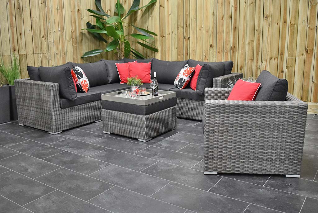 Boston XL Hoek Loungebank met stoel Natural Grey, opstelling met loungestoel - Outnest tuinmeubelen