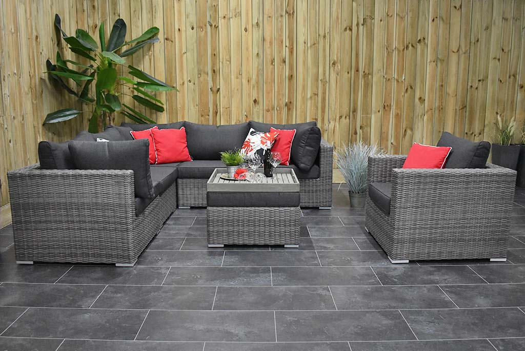 Boston Hoek Loungebank met stoel Natural Grey, loungestoel tegenover de bank - Outnest tuinmeubelen