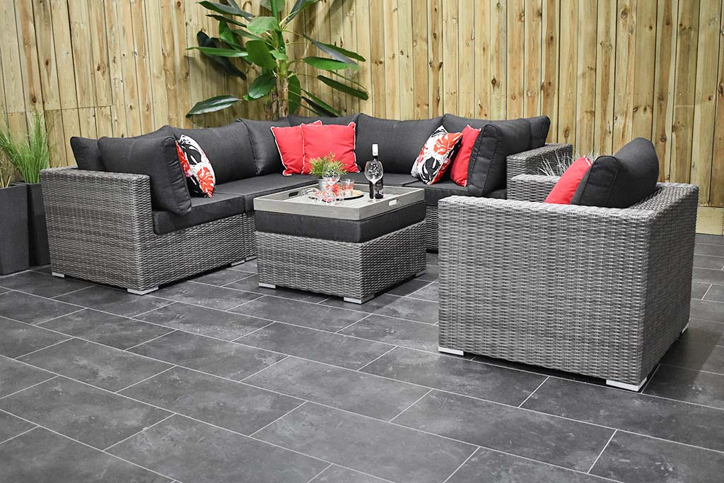 Boston Hoek Loungebank met stoel Natural Grey, hocker als loungetafel - Outnest tuinmeubelen