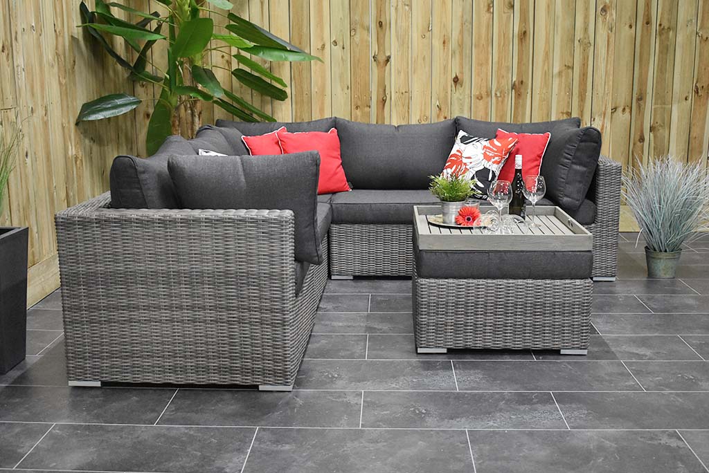 Boston Hoek Loungebank Natural Grey met hocker als loungetafel - Outnest tuinmeubelen