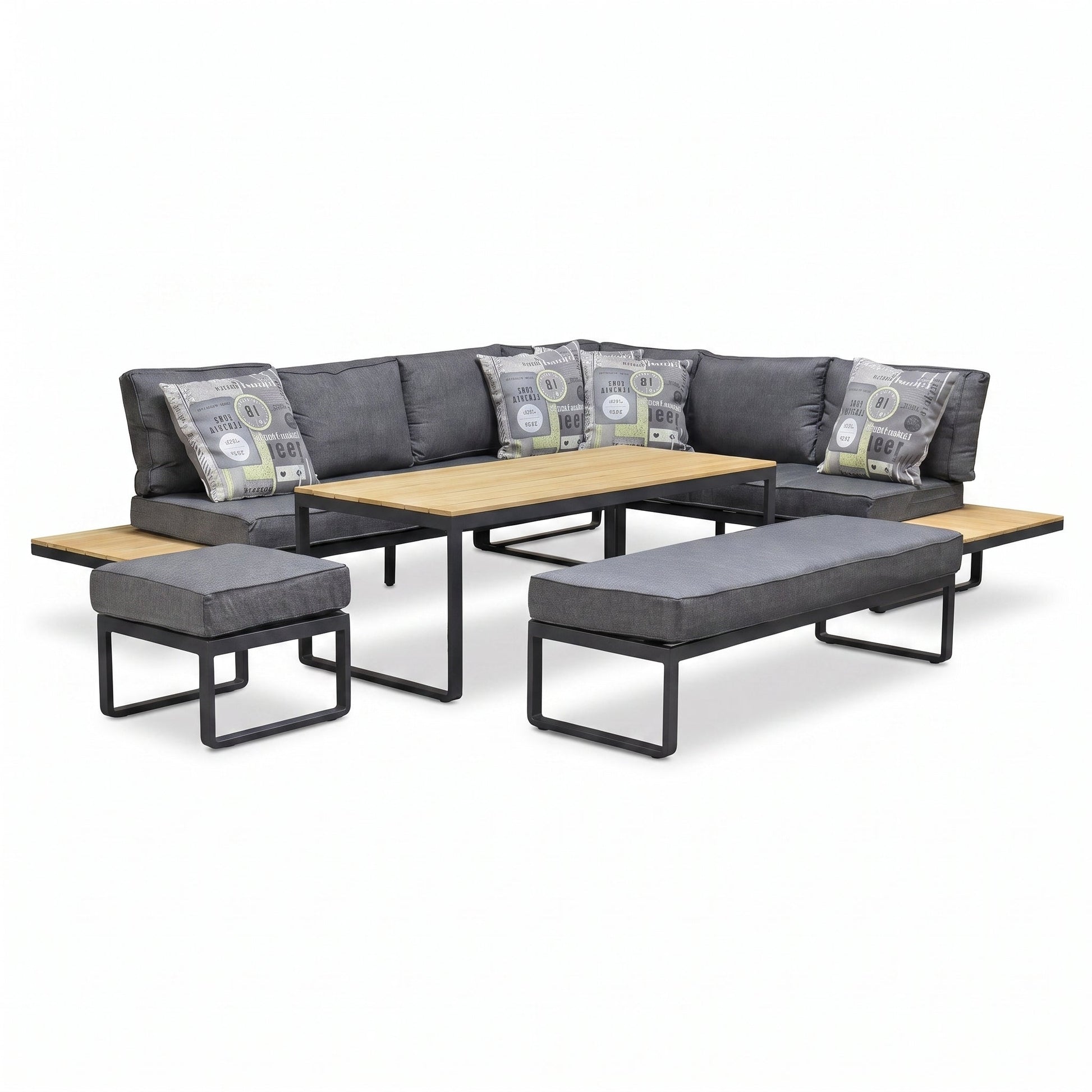Dallas Hoek Loungeset - Dark Grey / Rechts in einem stimmungsvollen Garten - Outnest Gartenmöbel