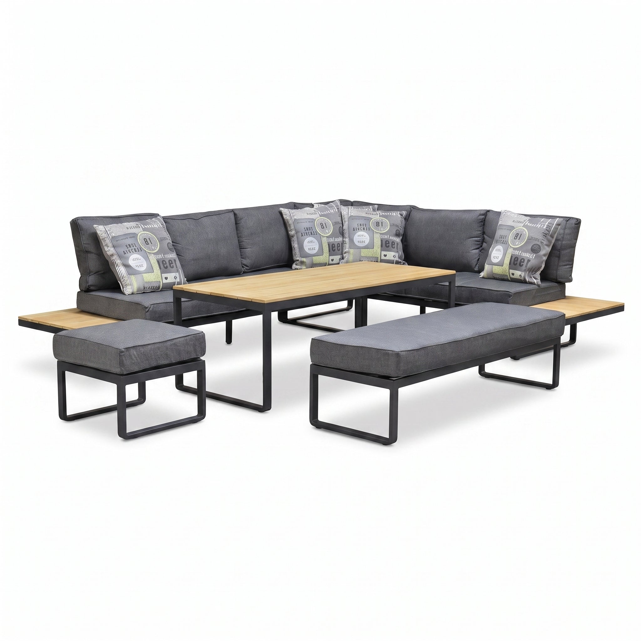 Dallas Hoek Loungeset - Dark Grey / Rechts in einem stimmungsvollen Garten - Outnest Gartenmöbel