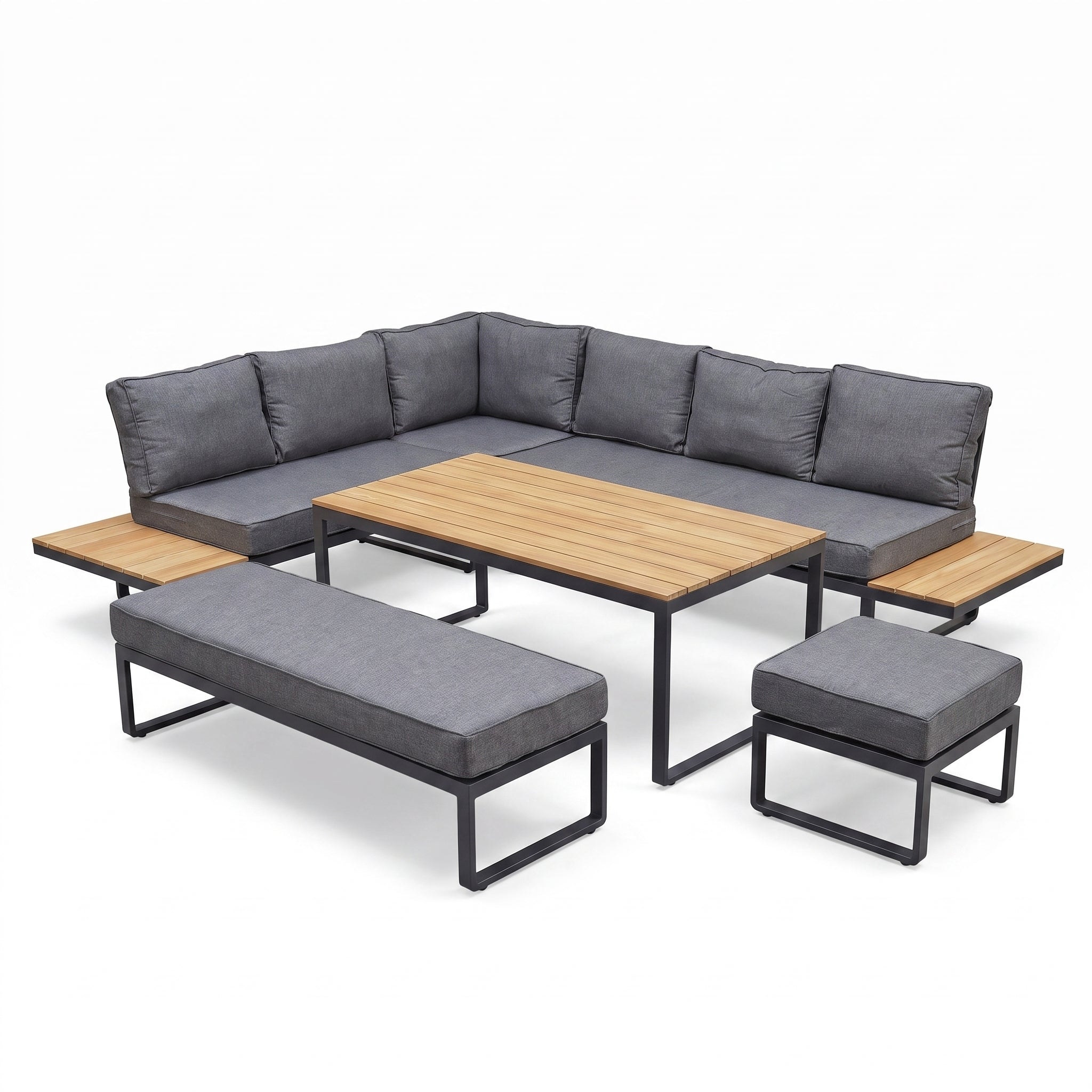 Dallas Hoek Loungeset - Dark Grey / Links in einem stimmungsvollen Garten - Outnest Gartenmöbel