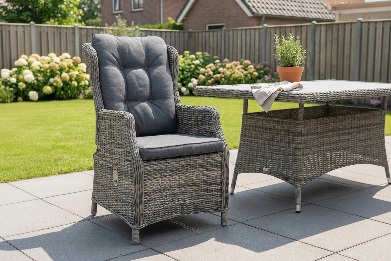 Darwin Verstelbare Tuinstoel | Dining - Kobo Grey in einem stimmungsvollen Garten - Outnest Gartenmöbel