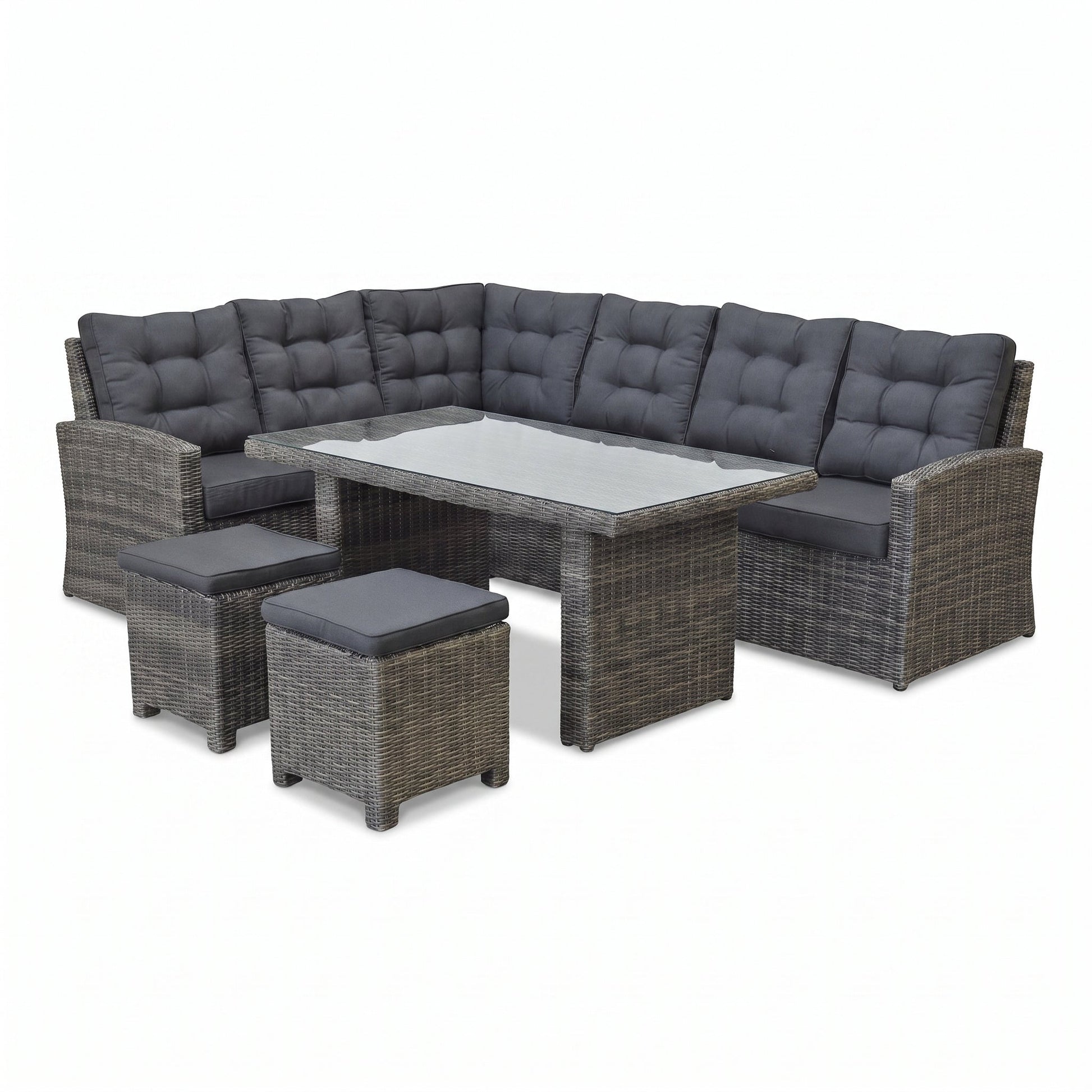 Denver Dining Loungeset - Glas / Kobo Grey in einem stimmungsvollen Garten - Outnest Gartenmöbel