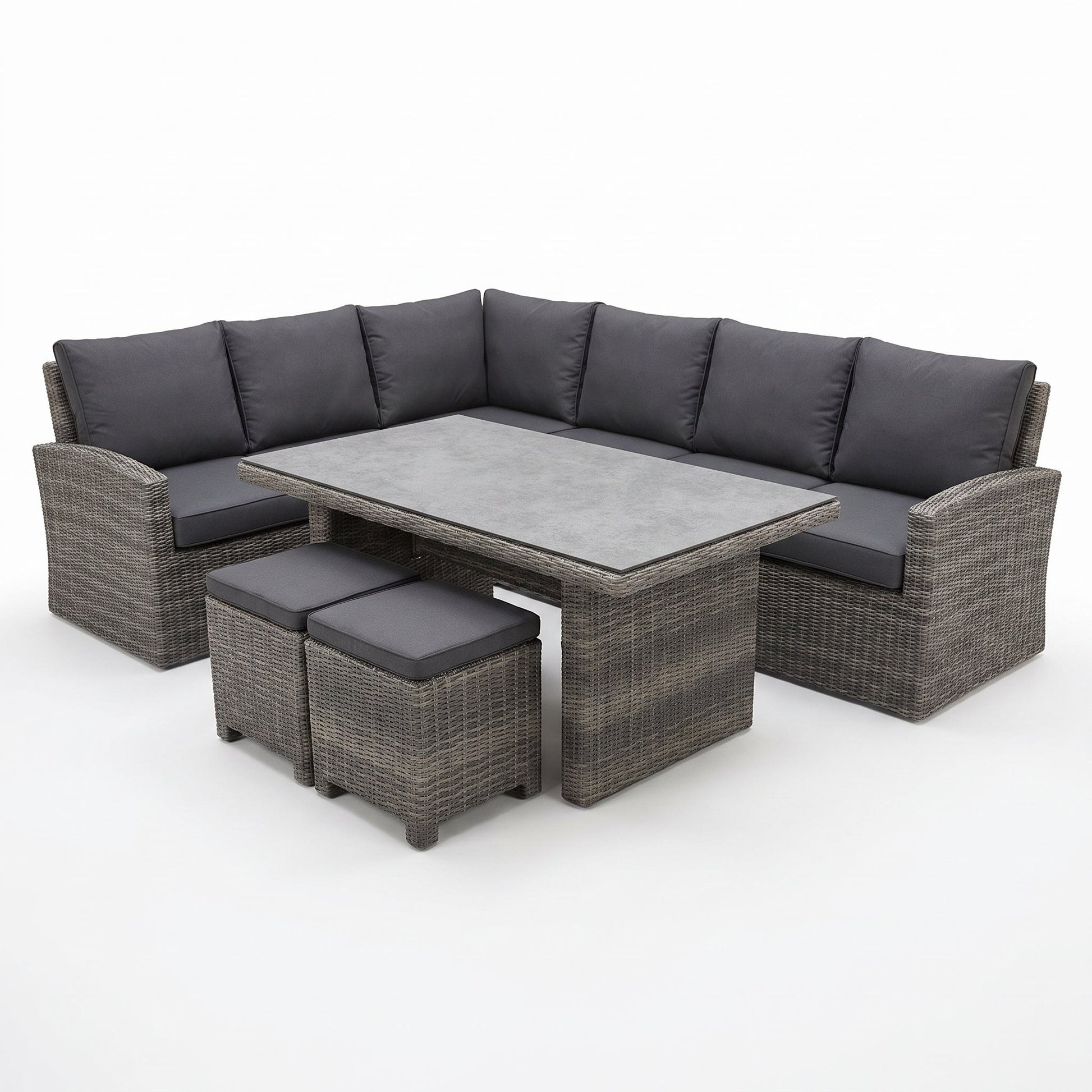 Denver Dining Loungeset - Spraystone / Kobo Grey in einem stimmungsvollen Garten - Outnest Gartenmöbel