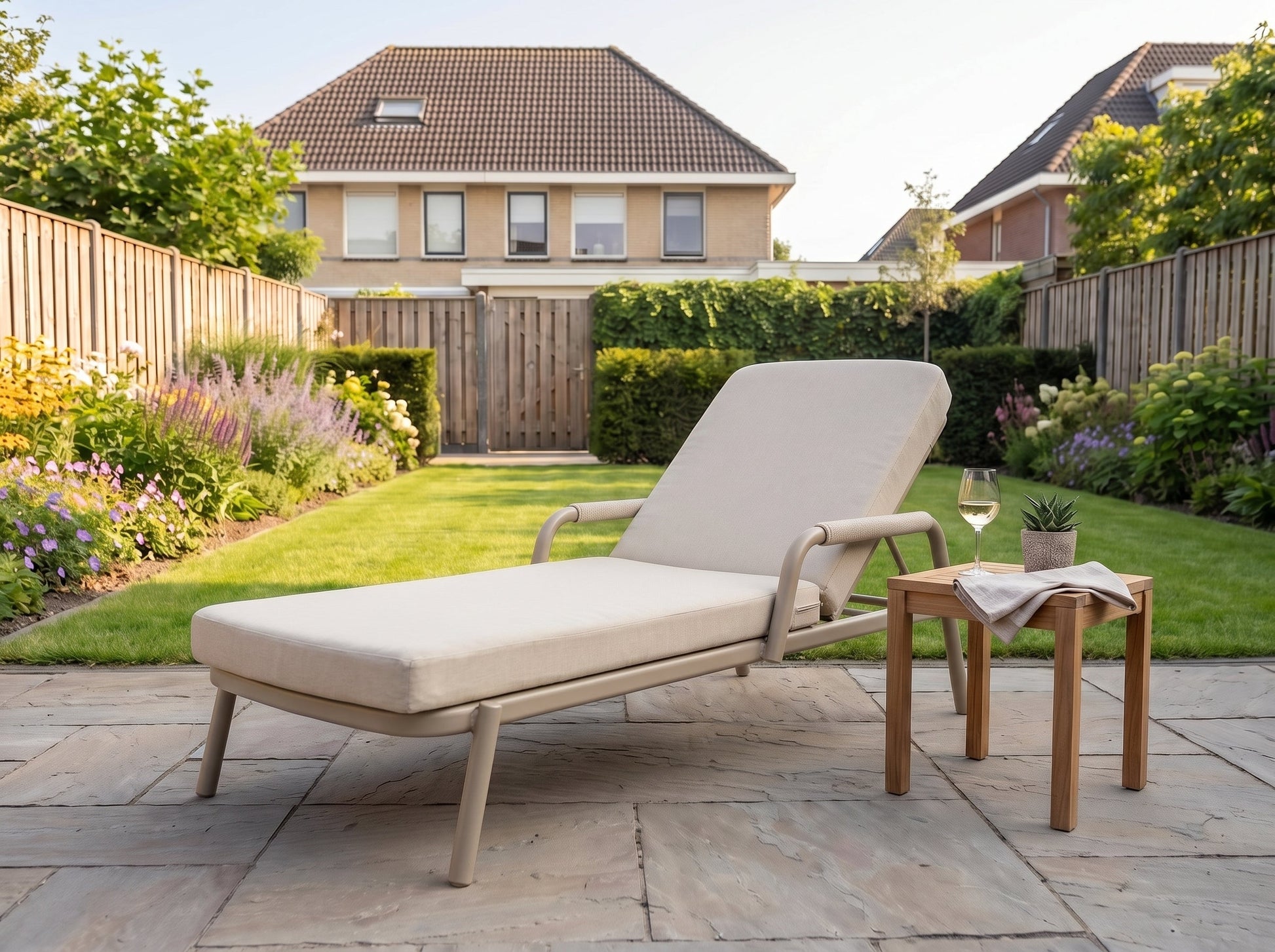 Egina Ligbed - Beige in einem stimmungsvollen Garten - Outnest Gartenmöbel
