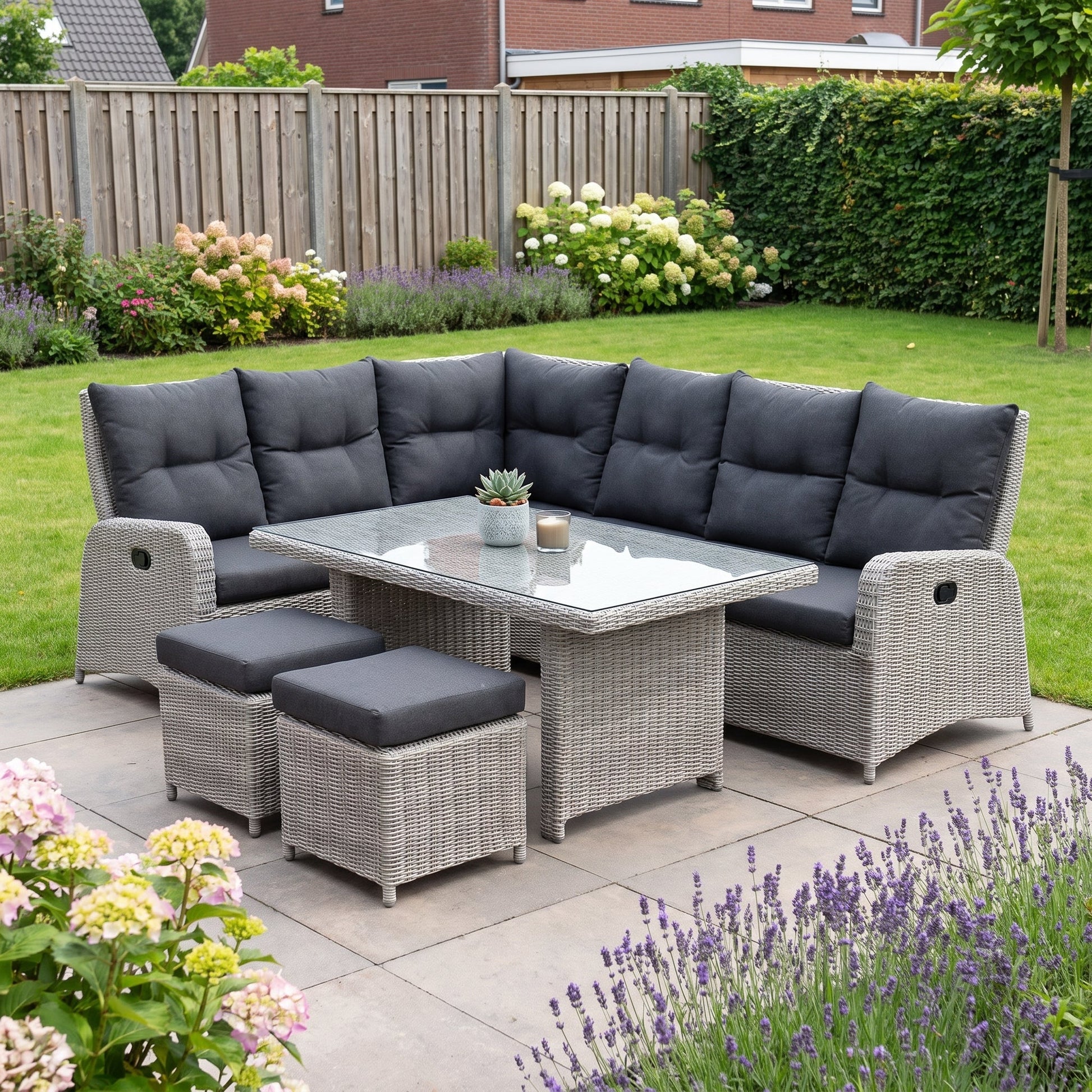 Florida Verstelbare Dining Loungeset Hoekbank - Light Kobo Grey / Hoge tafel in einem stimmungsvollen Garten - Outnest