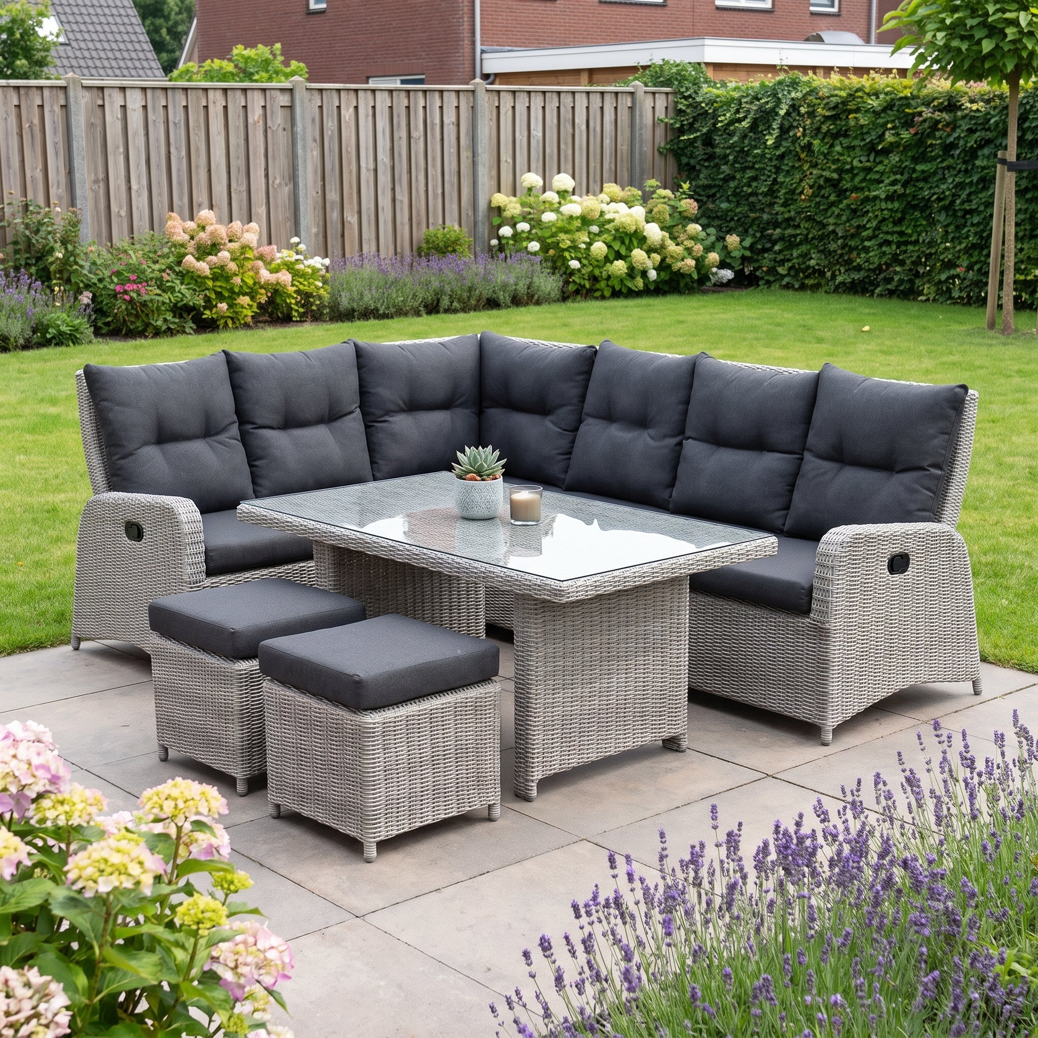 Florida Verstelbare Dining Loungeset Hoekbank - Light Kobo Grey / Hoge tafel in einem stimmungsvollen Garten - Outnest