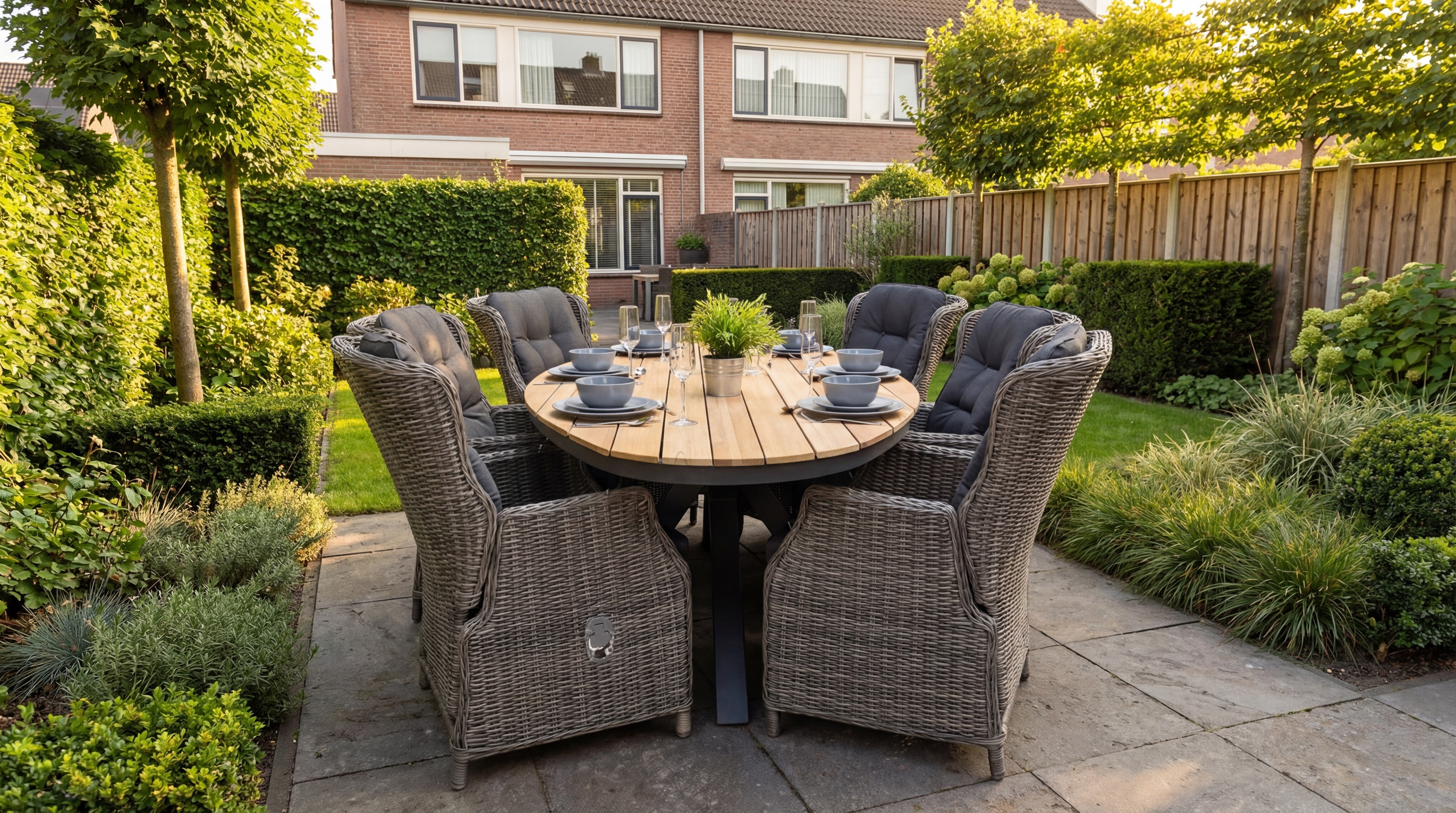 Akron-Darwin Polyrattan Verstellbares Gartenmöbel Set 6 Pers. - Teak / Kobo Grey