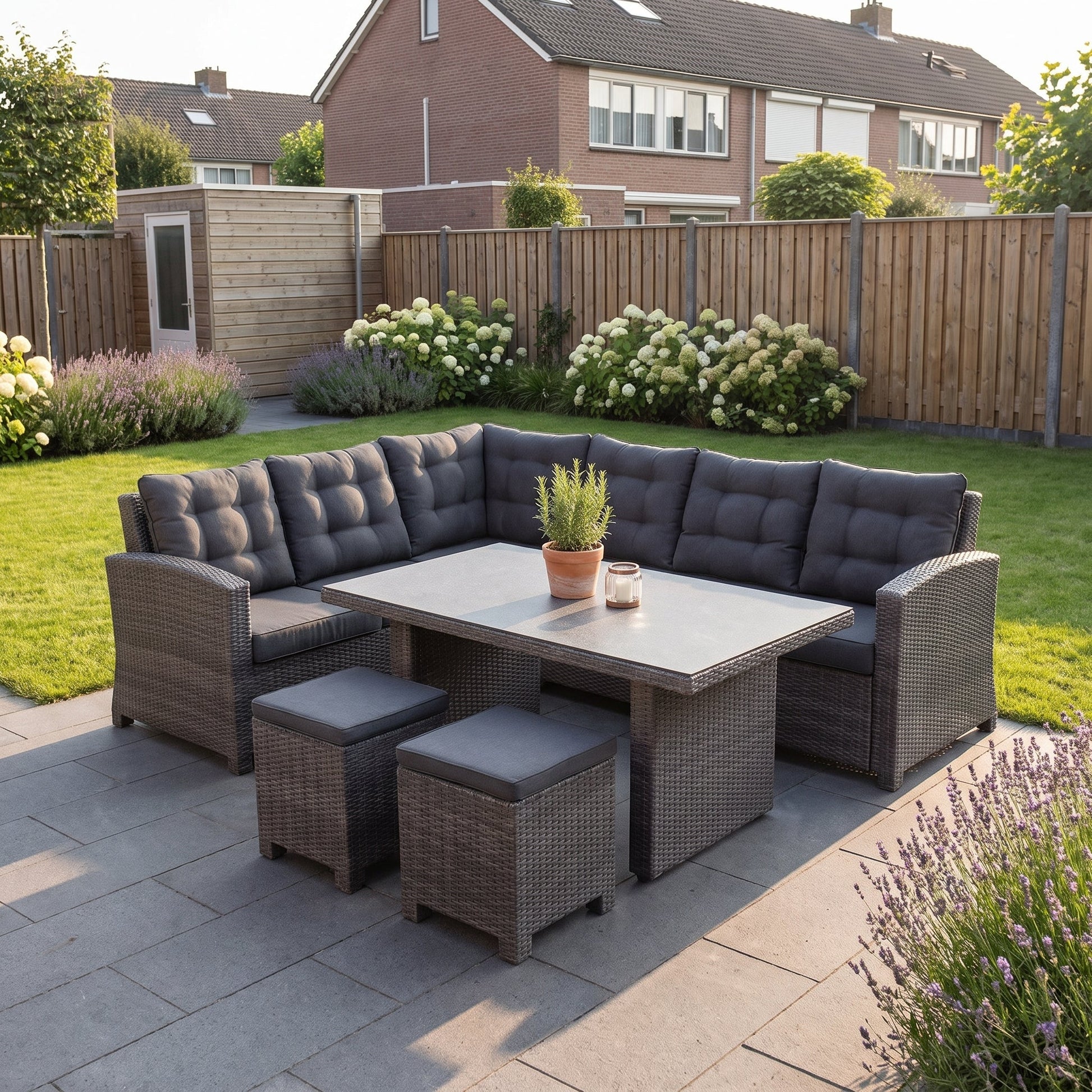 Las Palmas Dining Loungeset - Dark Grey / Hoge tafel, spraystone / Links in einem stimmungsvollen Garten - Outnest