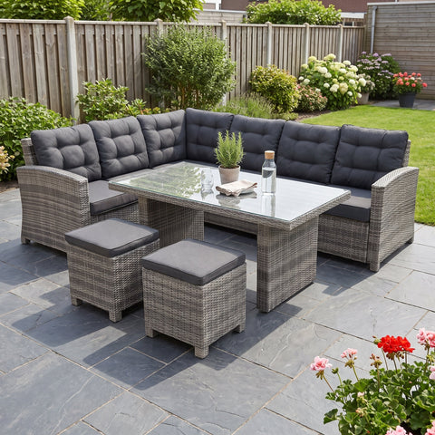 Las Palmas Dining Loungeset - Light Grey / Hoge tafel, glas / Links in einem stimmungsvollen Garten - Outnest Gartenmöbel