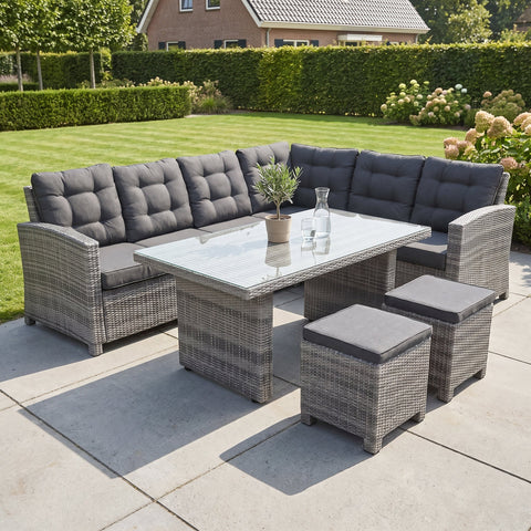 Las Palmas Dining Loungeset - Light Grey / Hoge tafel, glas / Rechts in einem stimmungsvollen Garten - Outnest Gartenmöbel