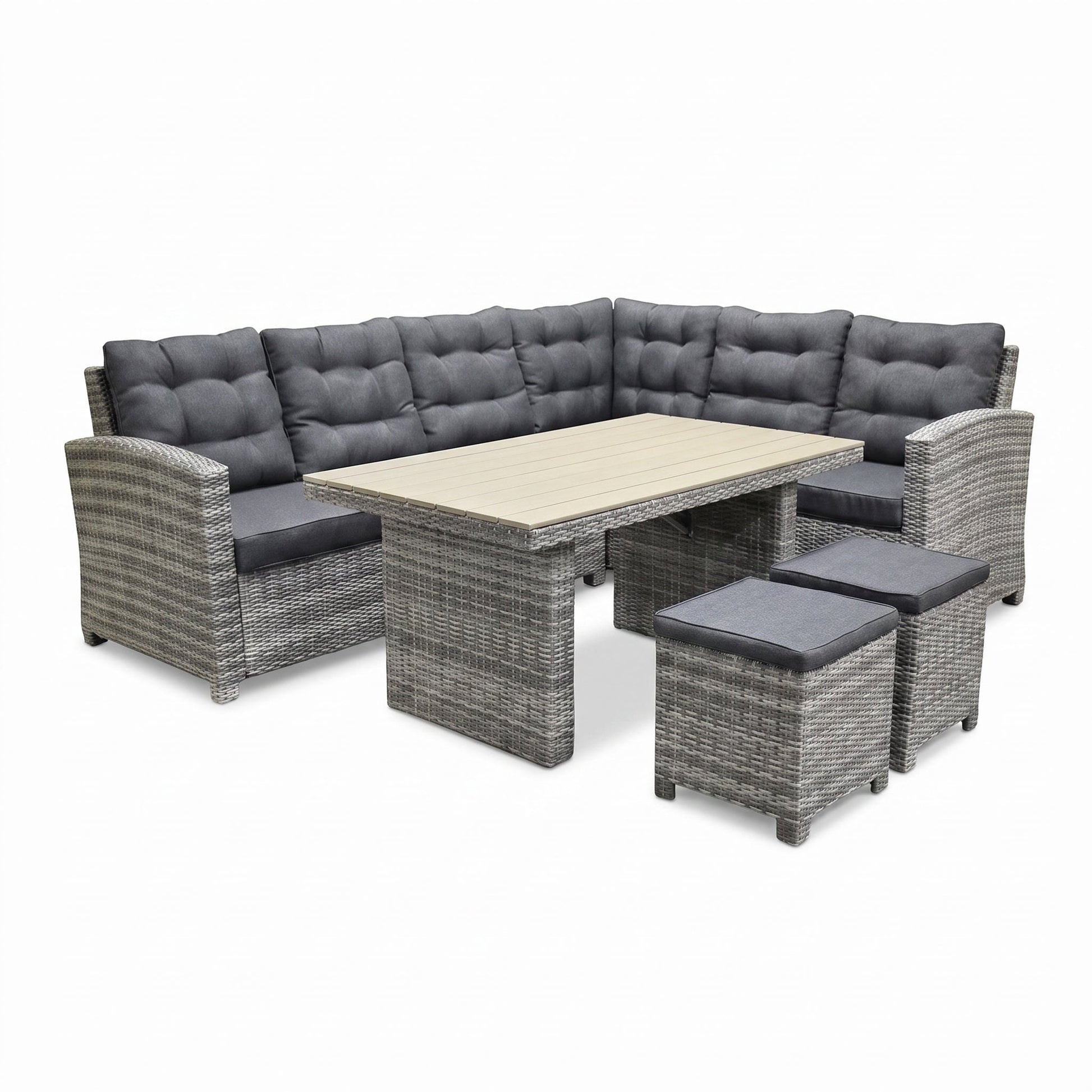Las Palmas Dining Loungeset - Light Grey / Hoge tafel, polywood / Rechts in einem stimmungsvollen Garten - Outnest