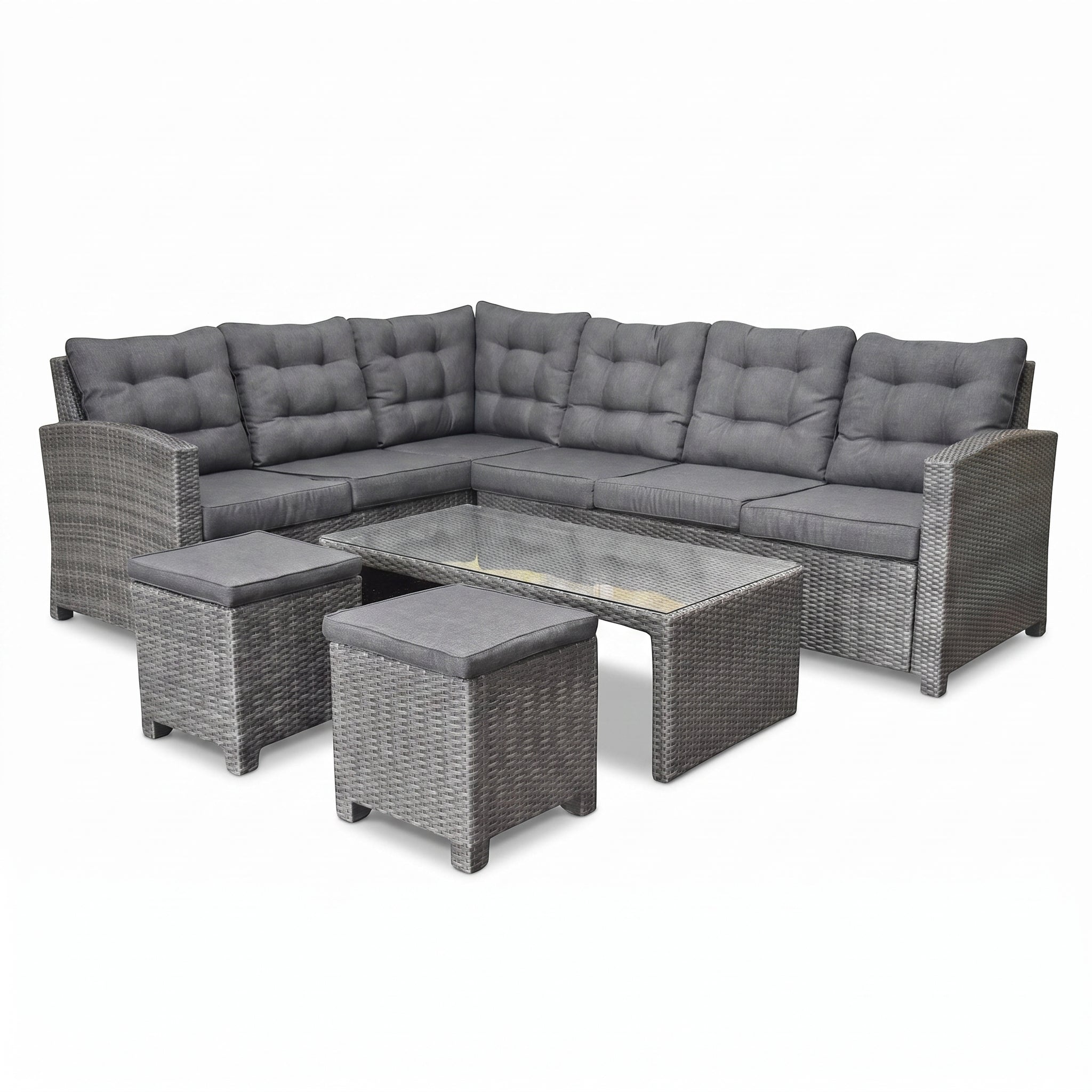 Las Palmas Hoek Loungeset - Dark Grey / Lage tafel, glas / Links in einem stimmungsvollen Garten - Outnest Gartenmöbel