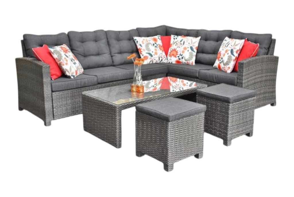 Las Palmas Hoek Loungeset - Dark Grey / Lage tafel, glas / Links