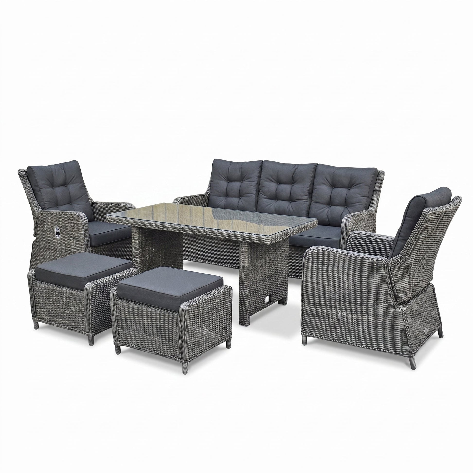Madrid Verstelbare Dining Loungeset 3-zits + 2 stoelen - Glas / Kobo Grey / Hoog in einem stimmungsvollen Garten - Outnest